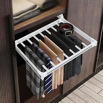 11 Arms Slide Out Pants Rack Closet Pants Hanger Bar Pull Out Trousers Rack Tie Belts Scarf Racks, Top Mounted Wardrobe Clothes Organizers Rail Pull Out Closet Storage Rod-Silver White