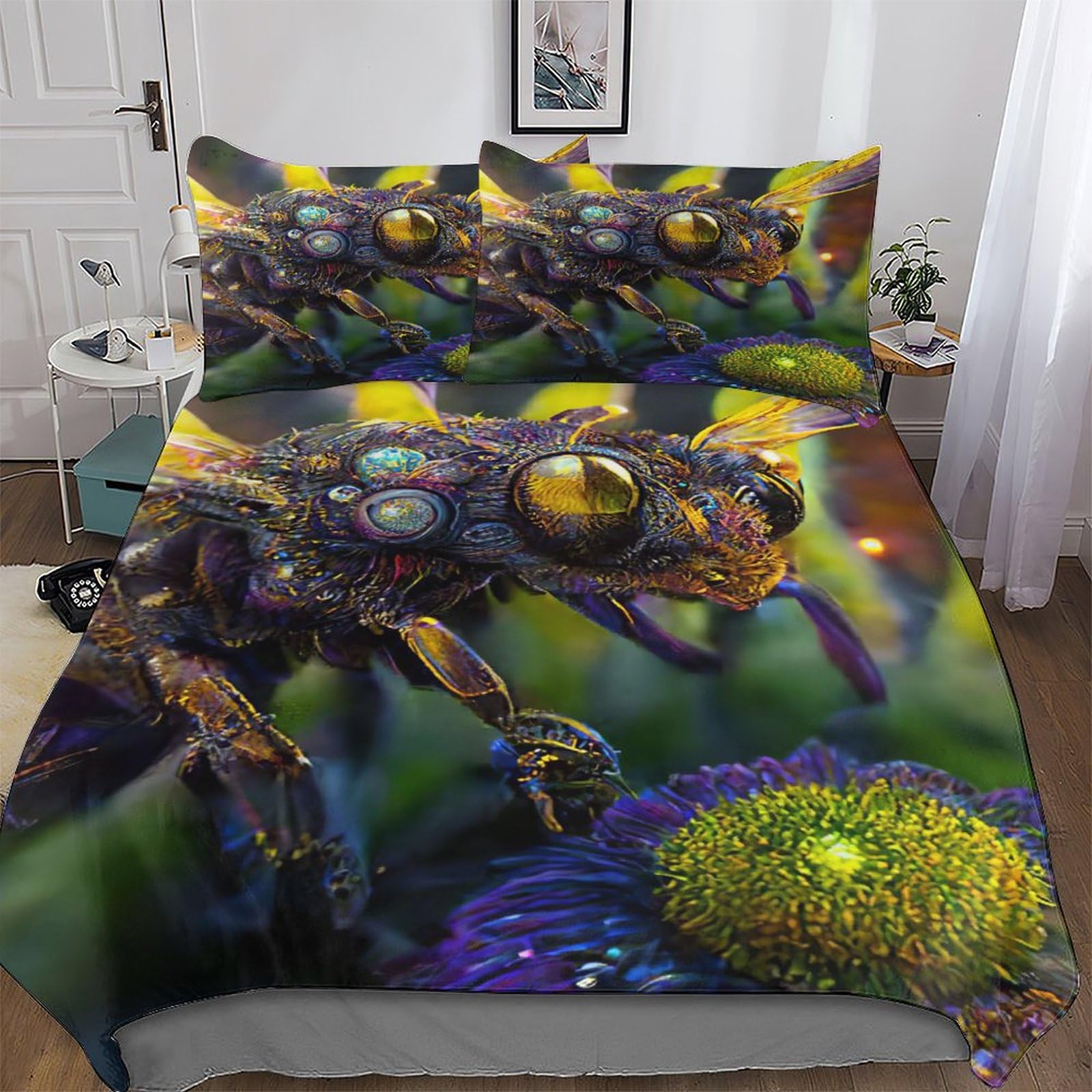 Housse de couette abeille en microfibre douce et anti-plis à fermeture éclair