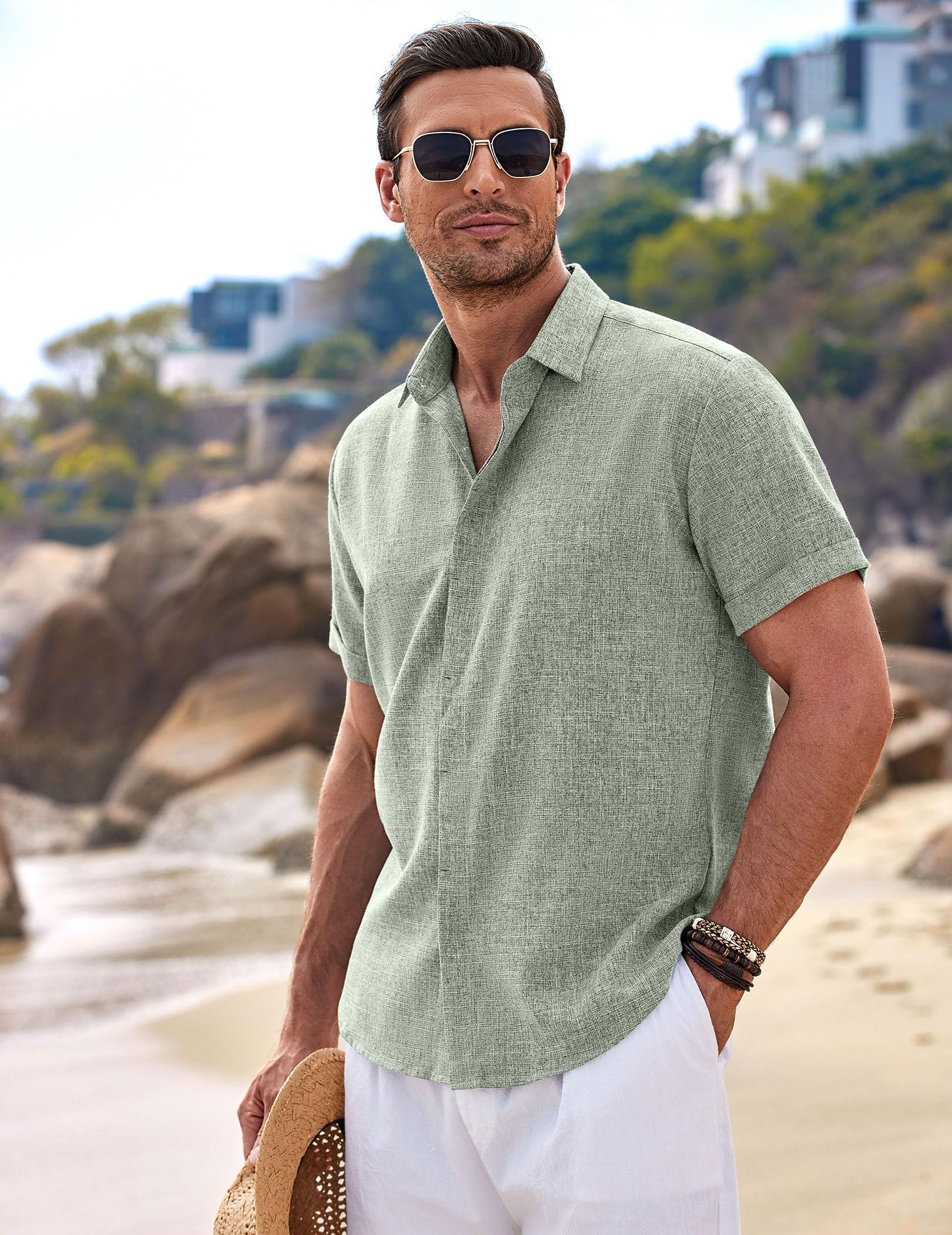 COOFANDY Camisa de Lino para Hombre Camisa de Manga Corta con Botones Camisas Informales de Ajuste Regular Camisa de Lino de Playa de Verano