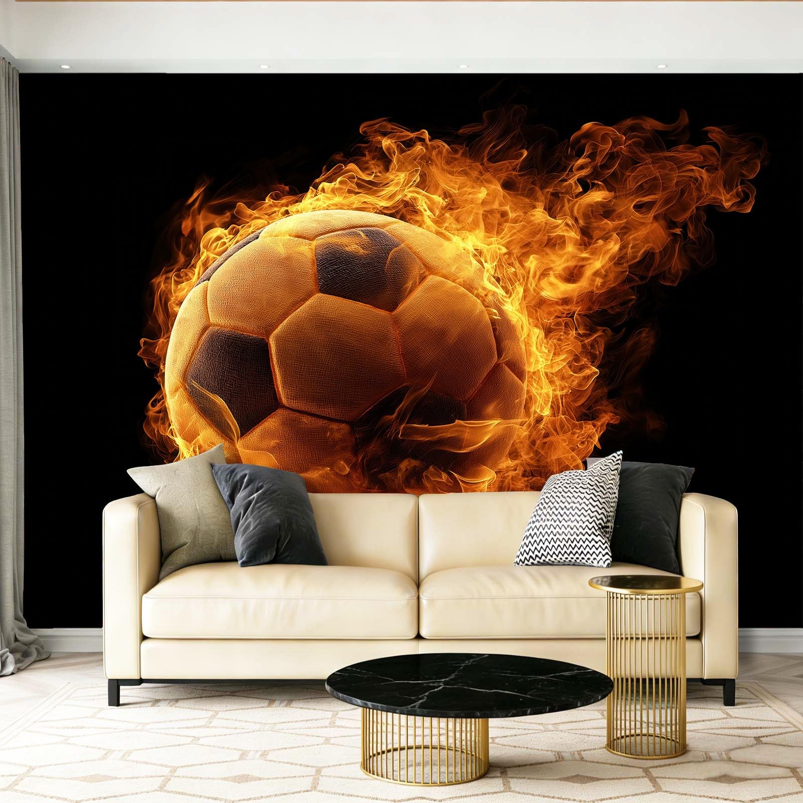 Papier peint panoramique football feu intissé lavable déco murale