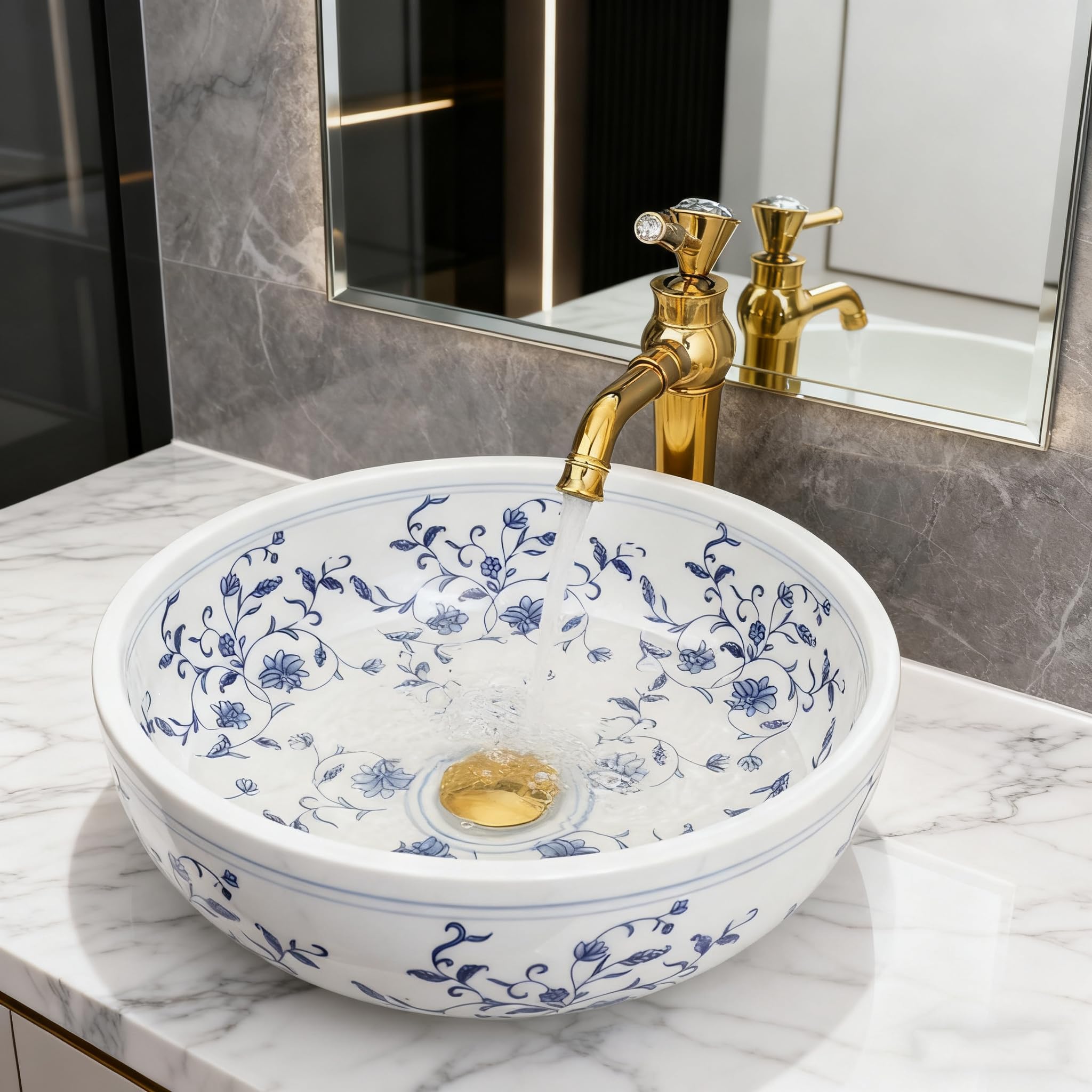 OUBONI 16 Inch Bathroom Vessel Sink, Blue and White