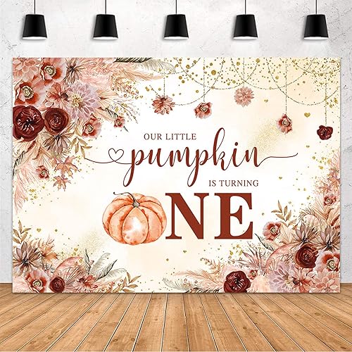 MEHOFOND 6.5 x 4.8 pies, decoración de fiesta de primer cumpleaños, diseño de calabaza con texto en inglés "Little Pumpkin is Turning One",