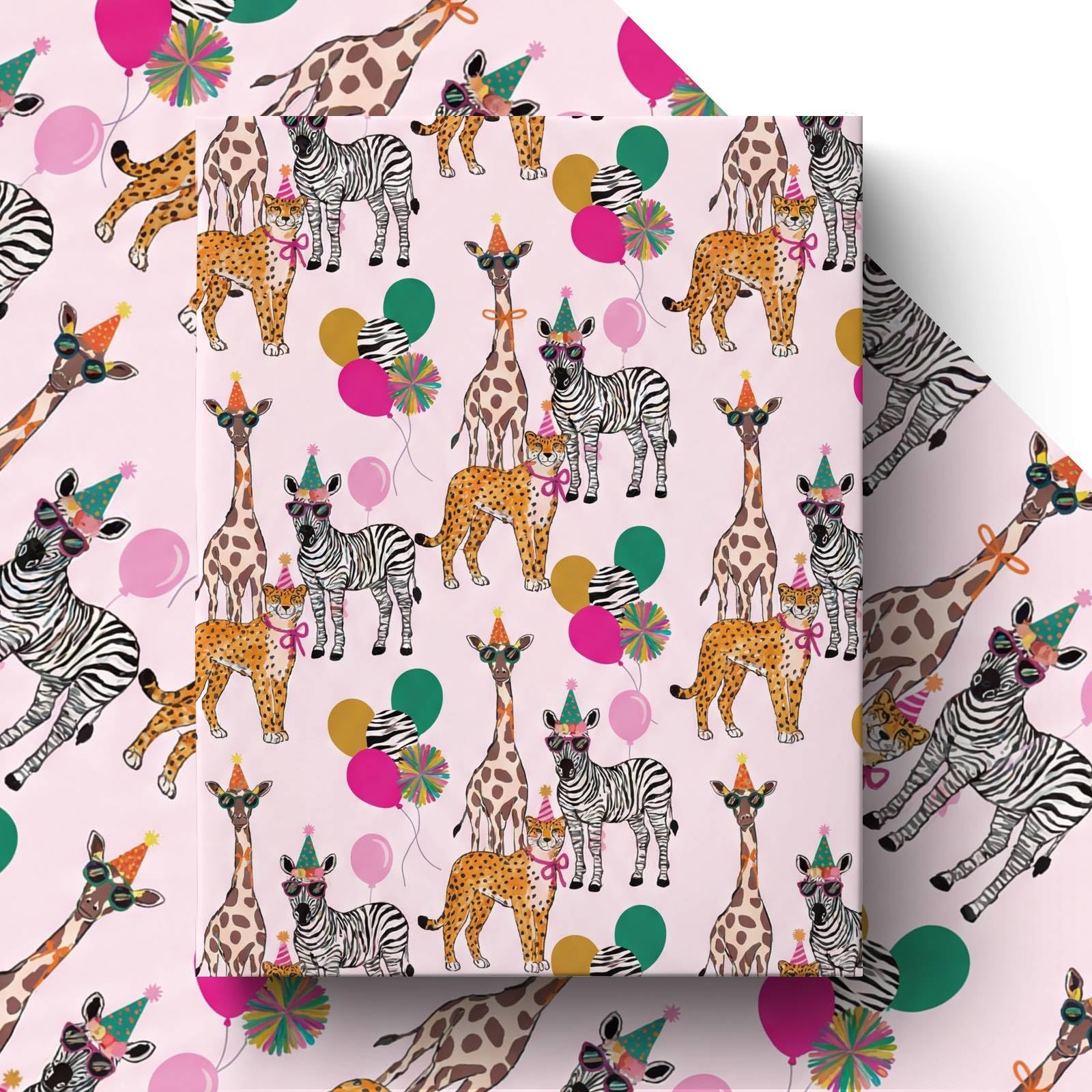GleeWrap 4 Sheets Jungle Animals Wrapping Paper for Boys & Girls, Cute Safari Themed Gift Wrap with Leopard, Giraffe & Zebra Designs for Birthdays, Baby Shower,50 x 70 cm
