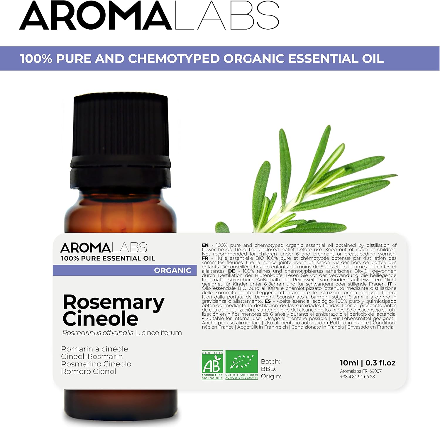Bio - Rosemary Cineole Essential Oil - 10mL - 100% Pure, Natural, Chemotyped and AB Certified - AROMA LABS (French Brand) - Image 3