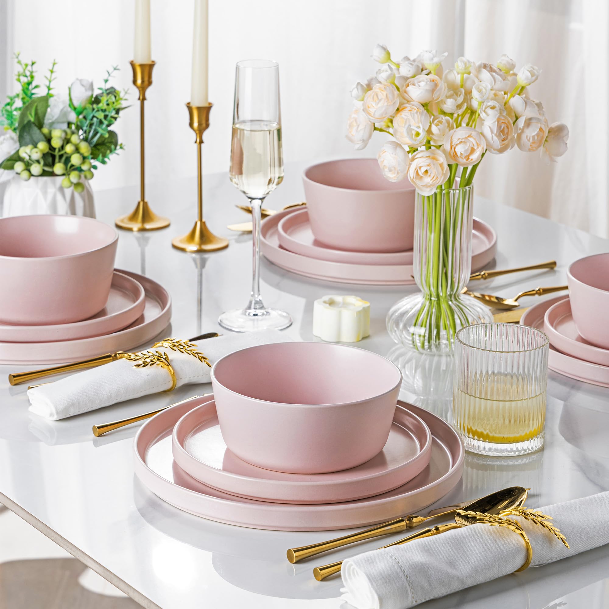 AmorArc Juego de platos llanos de cerámica de 6,10.0 pulgadas de gres mate para cocina, juego de vajilla plana moderna, apto para microondas y lavavajillas, resistente a los arañazos, rosa mate