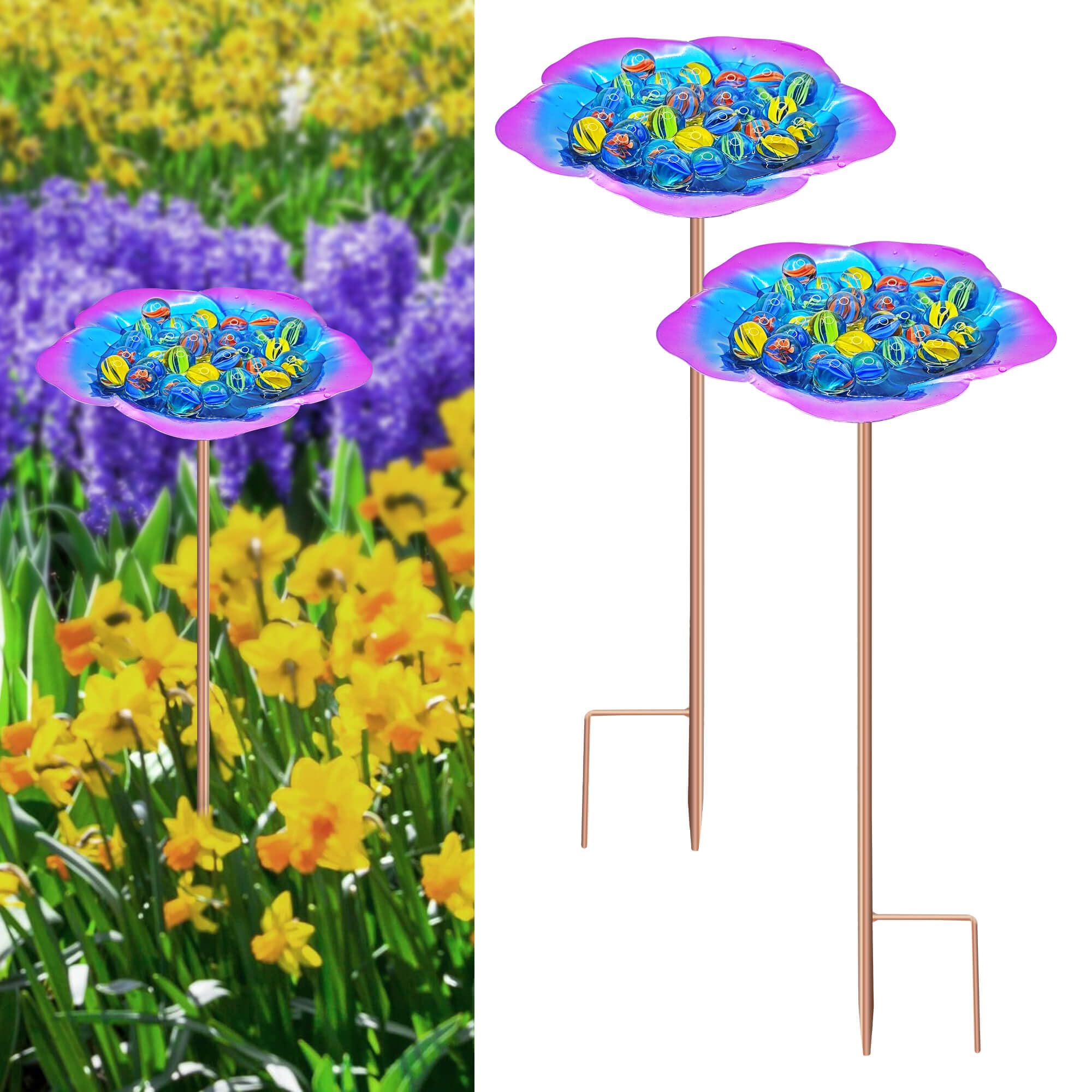 Large Bee Watering Station-Purple Butterfly Puddler Bee Bath &amp; Feeder with Metal Stakes - 30 Glass Marbles, Vivid Flower Design, Garden Yard Decor (Purple-2PACK)