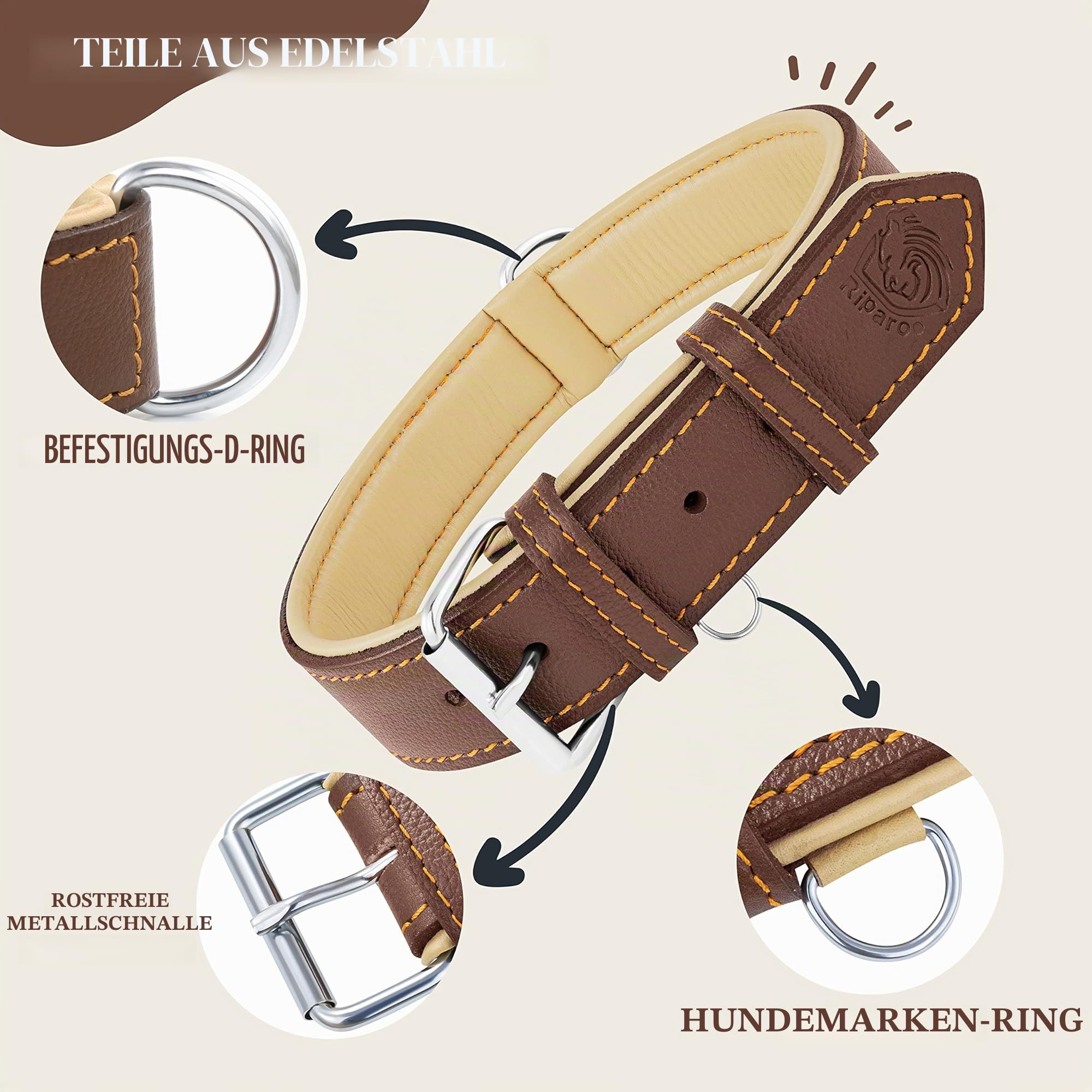 Riparo Echtes Leder Verstellbares Hundehalsband mit Zusätzlicher Verstärkung (XXL: 5CM Breit für 60,9CM - 73,7CM Hals, Braun)