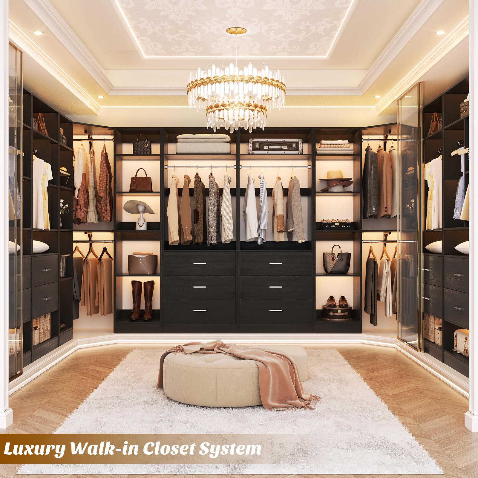 Condition photo showing New/Like New for besiost corner closet system with 3 drawers, corner closet organizer system with 13 shelves & 3 hanging rods, 63.2"l * 39.2"w reversible l shaped walk-in closets, load 2000+lbs, black