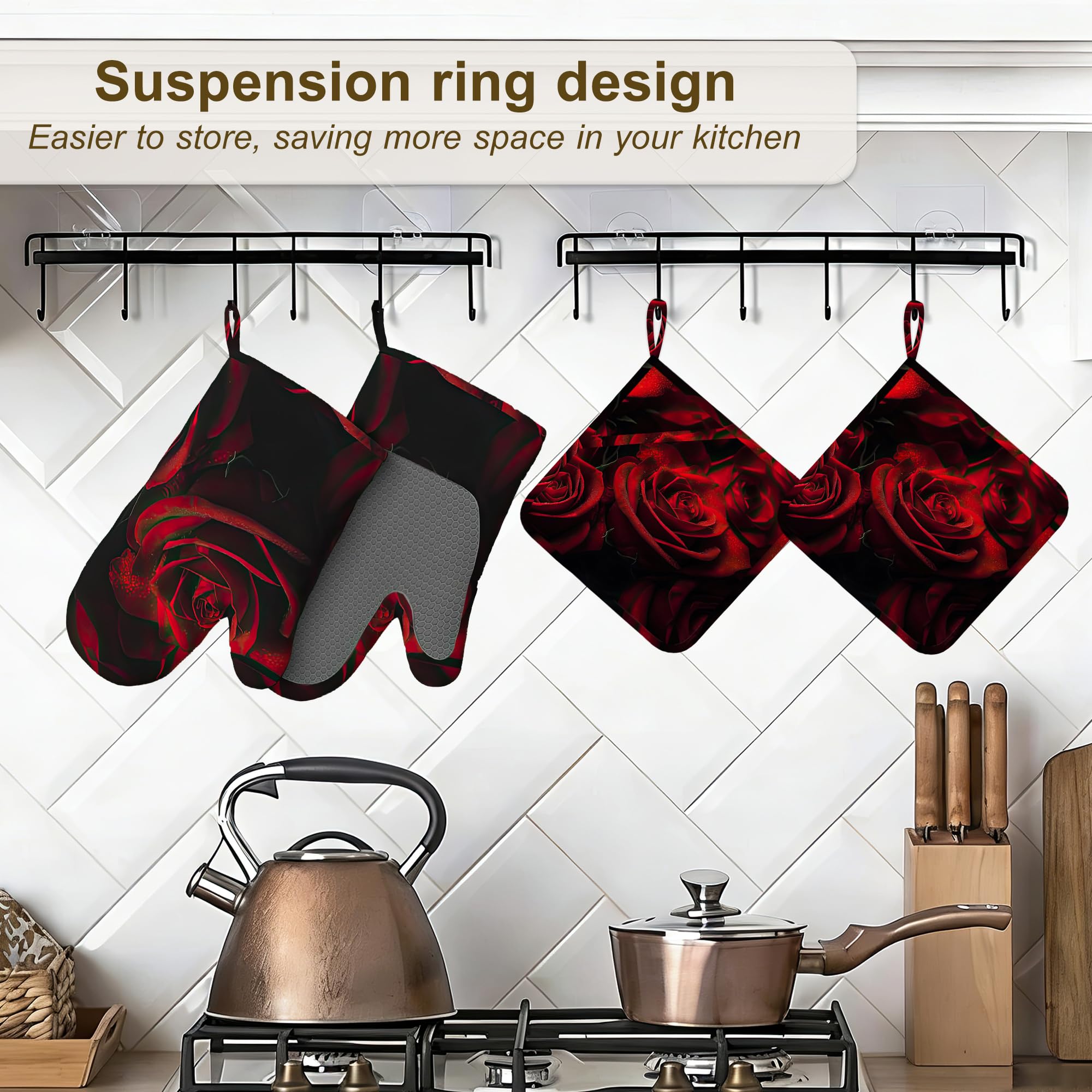 Red Rose Ofenhandschuhe und Topflappen, 4er-Set, Küchenhandschuhe, hitzebeständige Ofenhandschuhe mit rutschfestem Silikon zum Backen, Kochen, Grillen