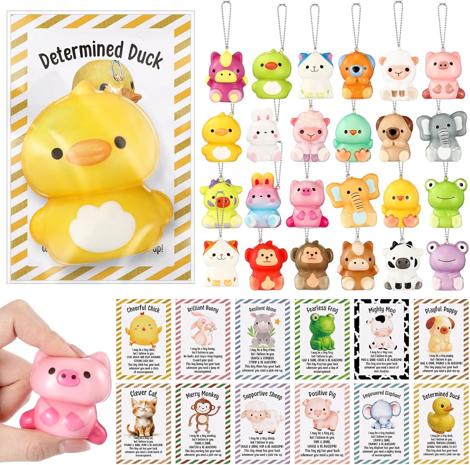 Huquary 24 Pack End of Year Student Gifts Positive Bulk Animal Squeeze Keychains with Motivational Quote Cards, Stress Relief Animal Toys, Bulk Appreciation Gifts for Teacher Office Employee