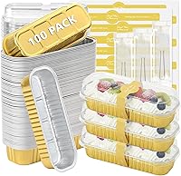 Vista 10 de Ruckae - Juego de 100 moldes mini para pan de aluminio con tapas y cucharas, moldes desechables de papel de aluminio, moldes rectangulares mini