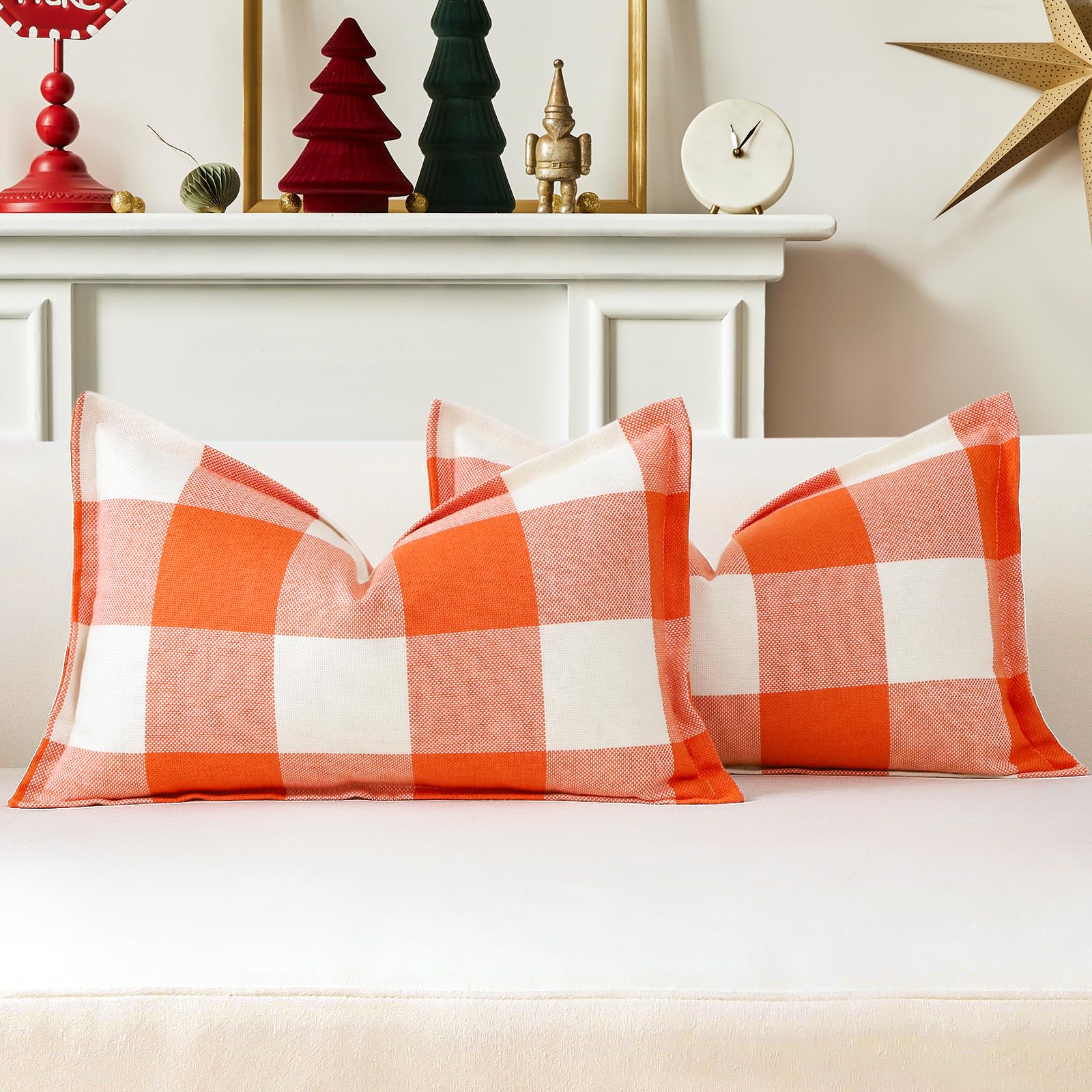 Sungeek Buffalo Check Plaid Cushion Covers 30 x 50 Set of 2 Linen Christmas Tartan Decorative Lumbar Pillow Covers with Stitched Edge for Sofa Couch Bed Living Room 12x20 Inch (Orange and White) - Image 2