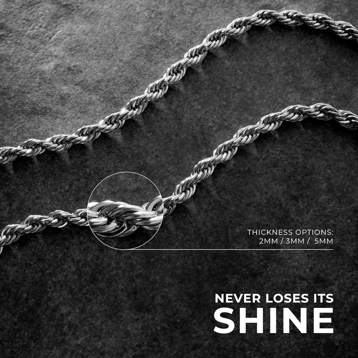 CRAFTD - Silver Rope Link Chain - Durable Rhodium & 316L Stainless Steel - Waterproof, Heat & Sweat Resistant - Gifts for Men - Men's Jewelry - Image 5