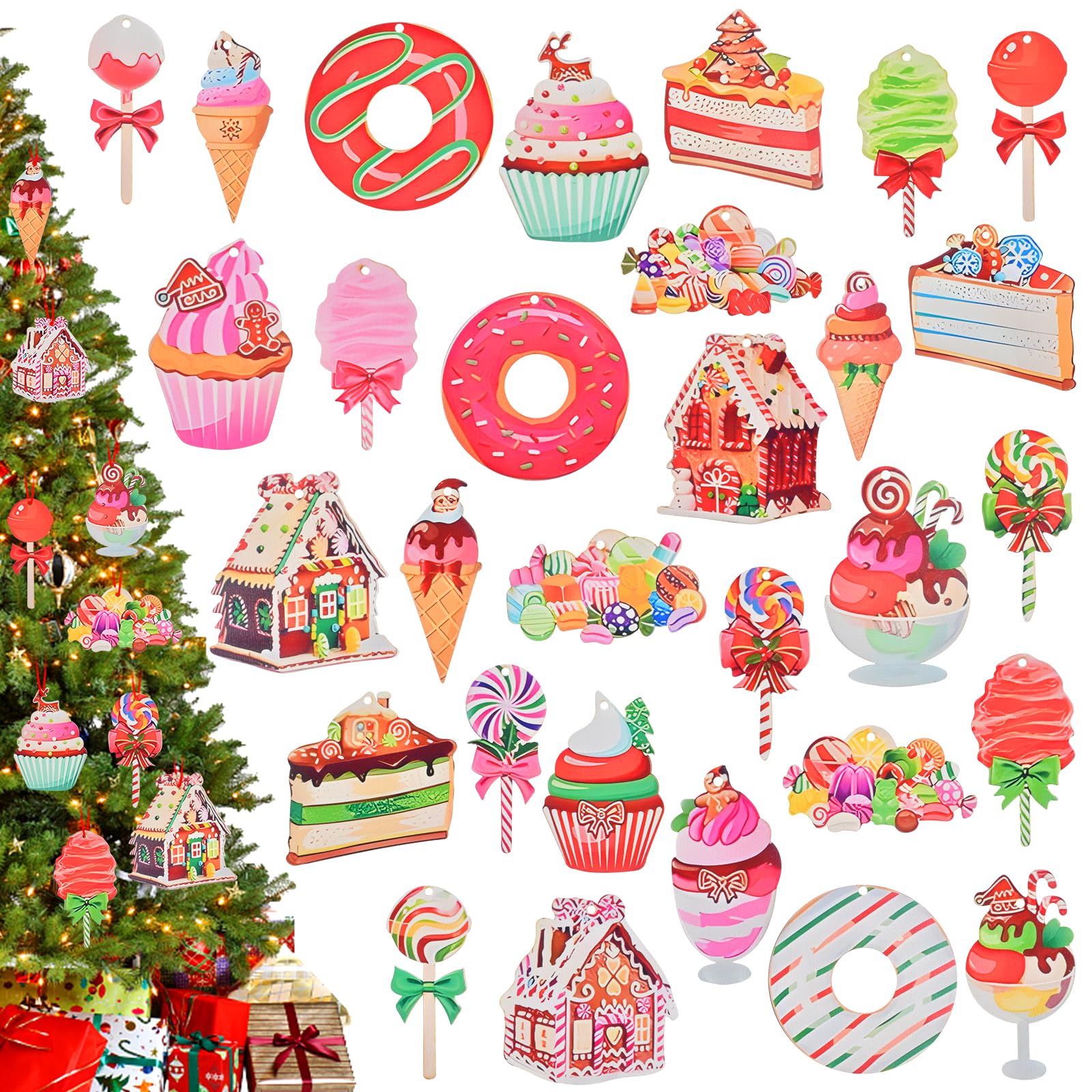 30 Colgantes Decorativos de árboles de Navidad de Madera, Adornos de Madera de Dulces, Colgantes Decorativos de Navidad con Cuerdas, para la decoración de árboles de Navidad Decorativos de Navidad
