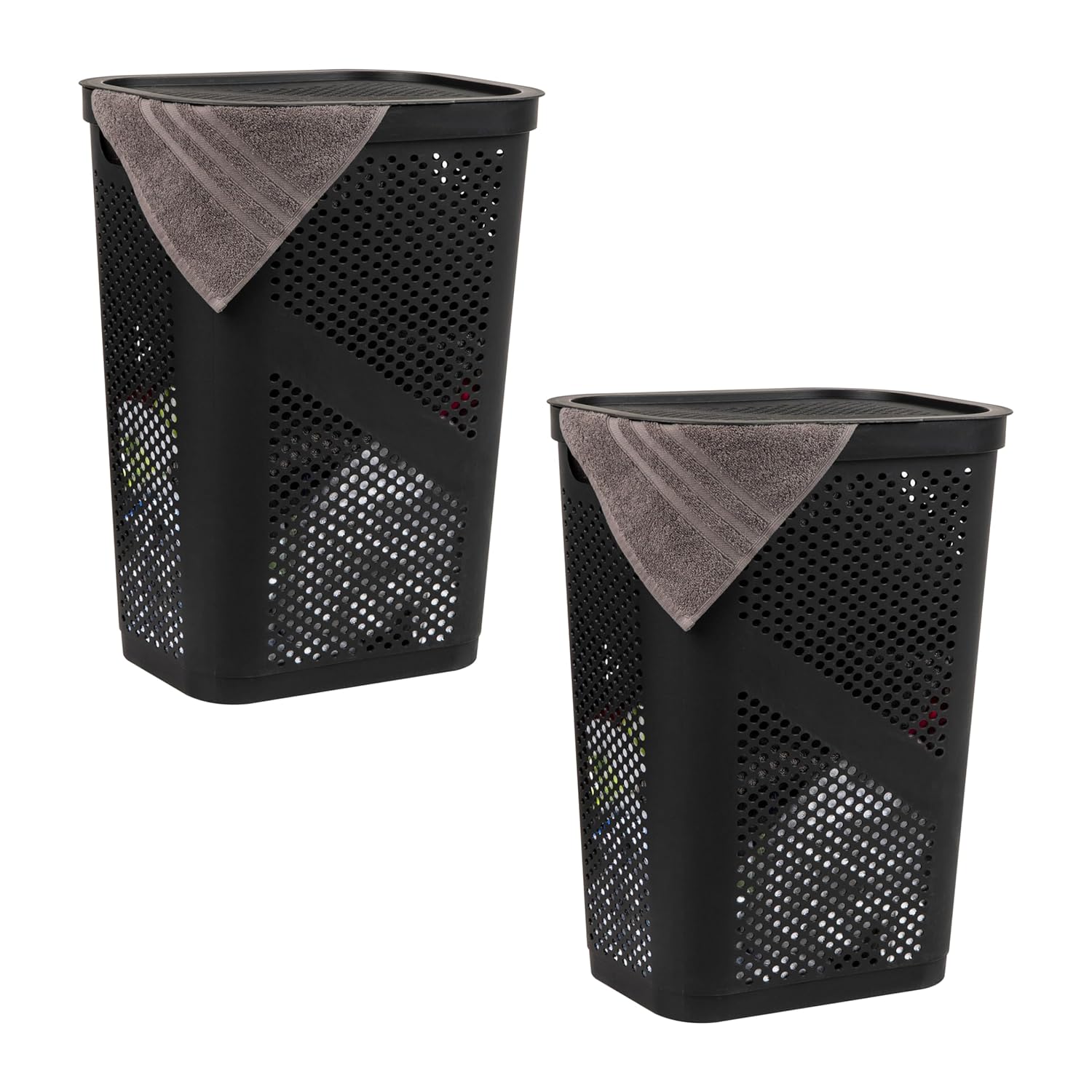 Mind Reader 60L Slim Laundry Hamper, Clothes Basket, Lid, Ventilated, Plastic, Set of 2, Black