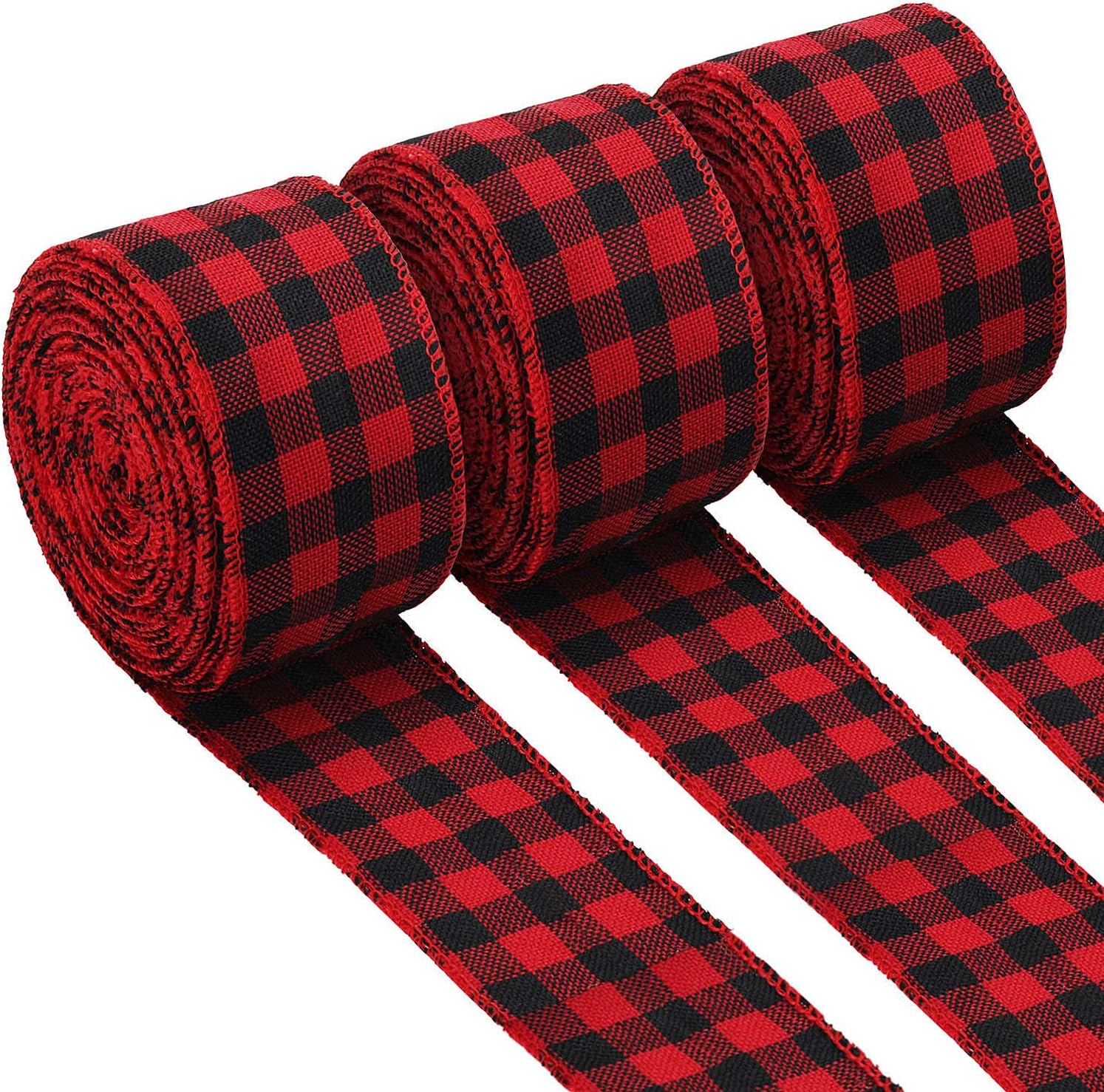 3 Rolls Buffalo Plaid Burlap Wired Ribbon Weave Ribbon with Wired Edge Bows Craft Decoration for Big Bow Wreath Tree Decoration Outdoor (White and Black Plaid,2.4 by 315 Inches)
