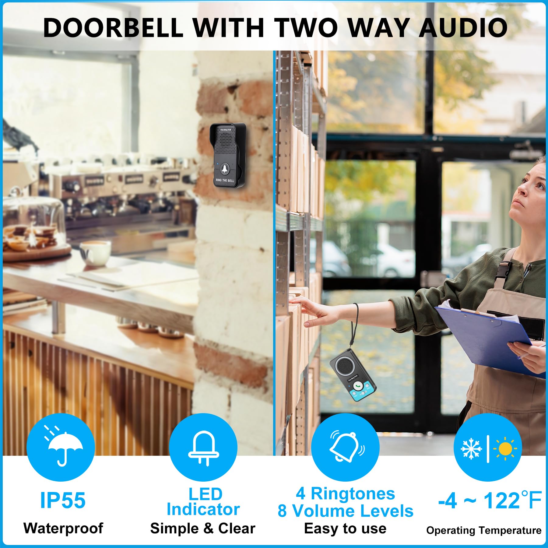 Timbre, timbre inalámbrico de dos vías para el hogar, timbre de puerta manos libres inalámbrico, timbre de conversación natural, impermeable, timbre de batería para habitación/dormitorio/aula, niños