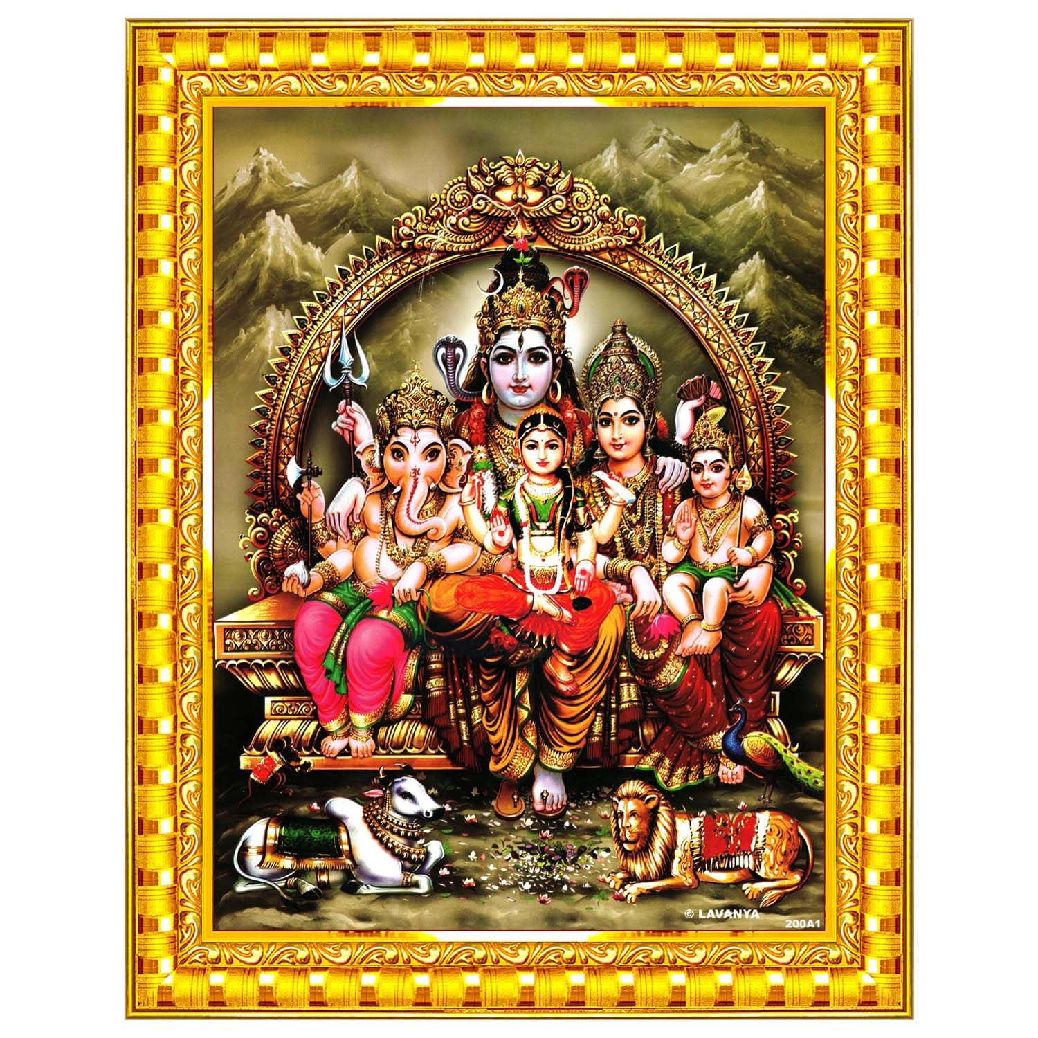Shiv Parivar Family Siva Parvati Lord Shiva Wall Painting Framed Home Decor (Wood,Matte,Gold,Small Size,6 x 8 Inch) R153S