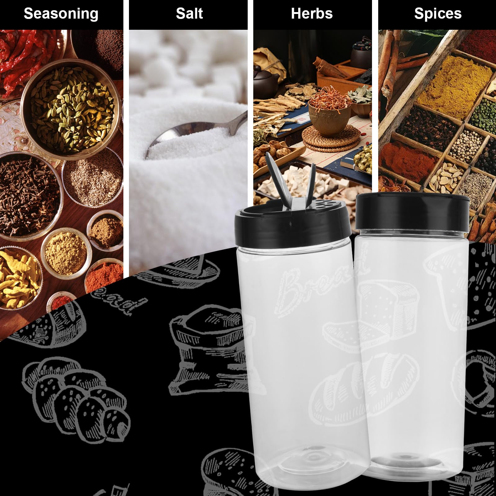 Confezione da 12 barattoli per spezie in plastica trasparente da 453,6 g, contenitori per spezie con tappo nero, contenitori per condimenti con coperchio per conservare spezie, condimenti in