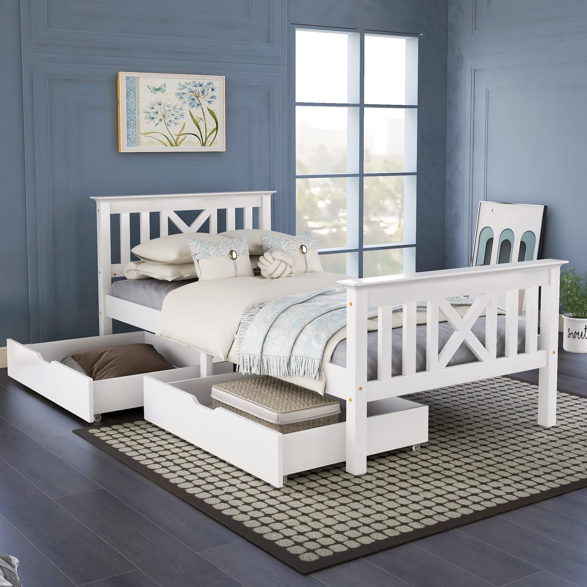 Merax Single Bed Wooden Frame with Storage, White Solid Pine Storage Bed with 2 Drawers, Wood Slat Support, for Adults, Kids, Teenagers, White, 90x190cm — image 1