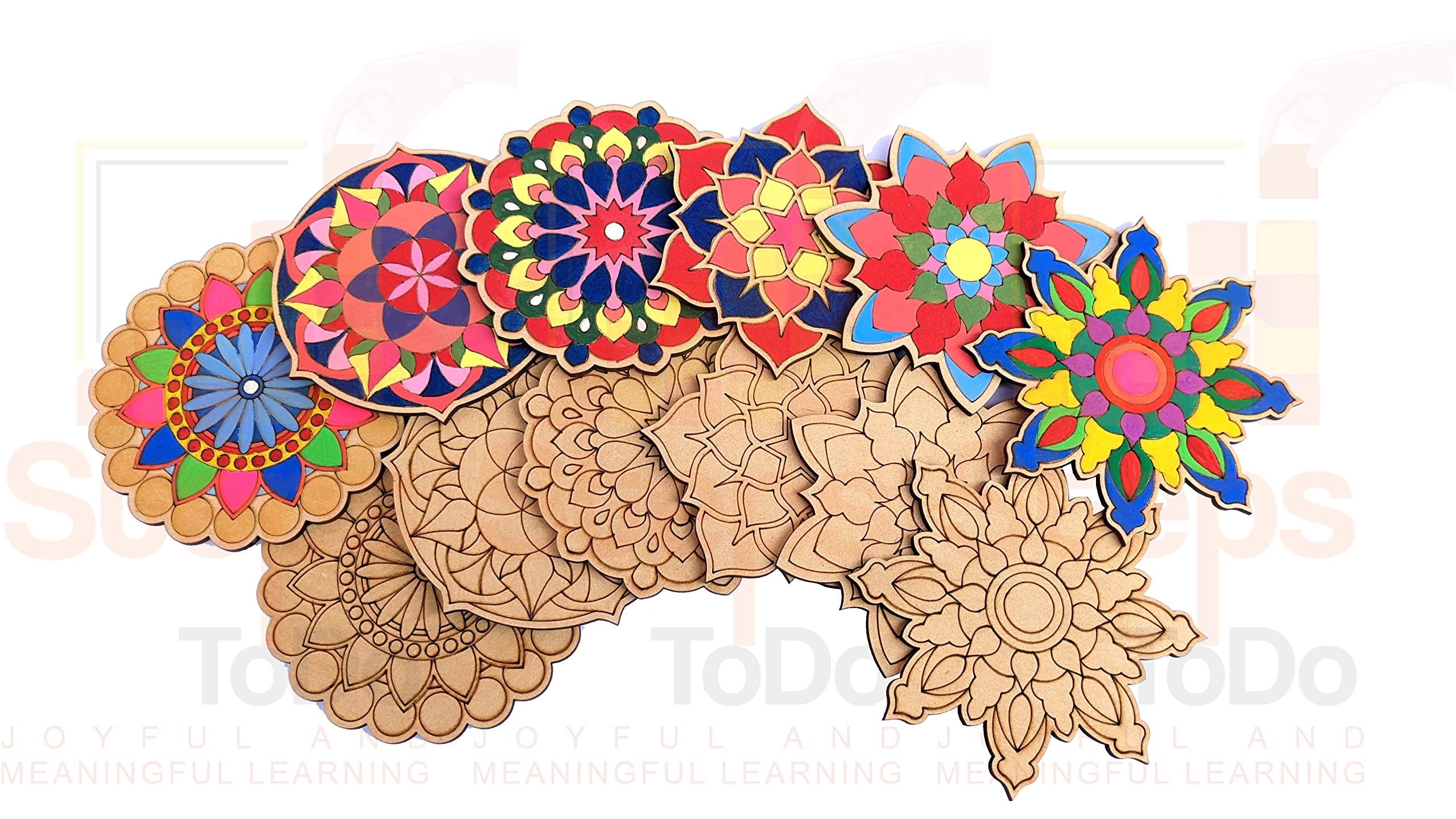 StepsToDo Mandalas Paint Kit D β Tea Coaster Art Set | Mandal Art, Set of 6 Bases (4 Inch) with Case, Colours, Painting Brush & Dish 3