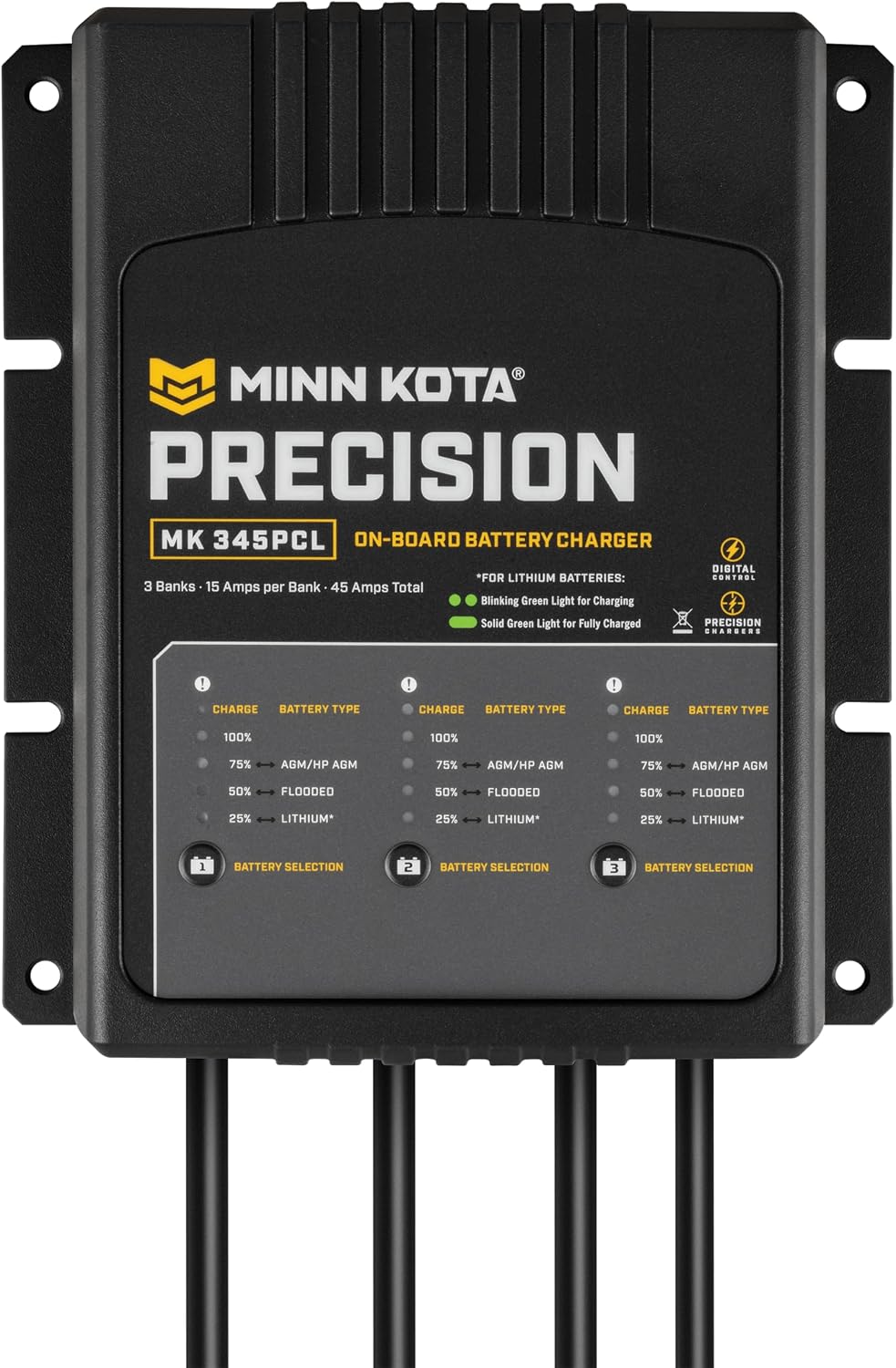 Minn Kota Precision MK-345PCL On-Board Marine Battery Charger – 3 Banks, 15 Amps Each