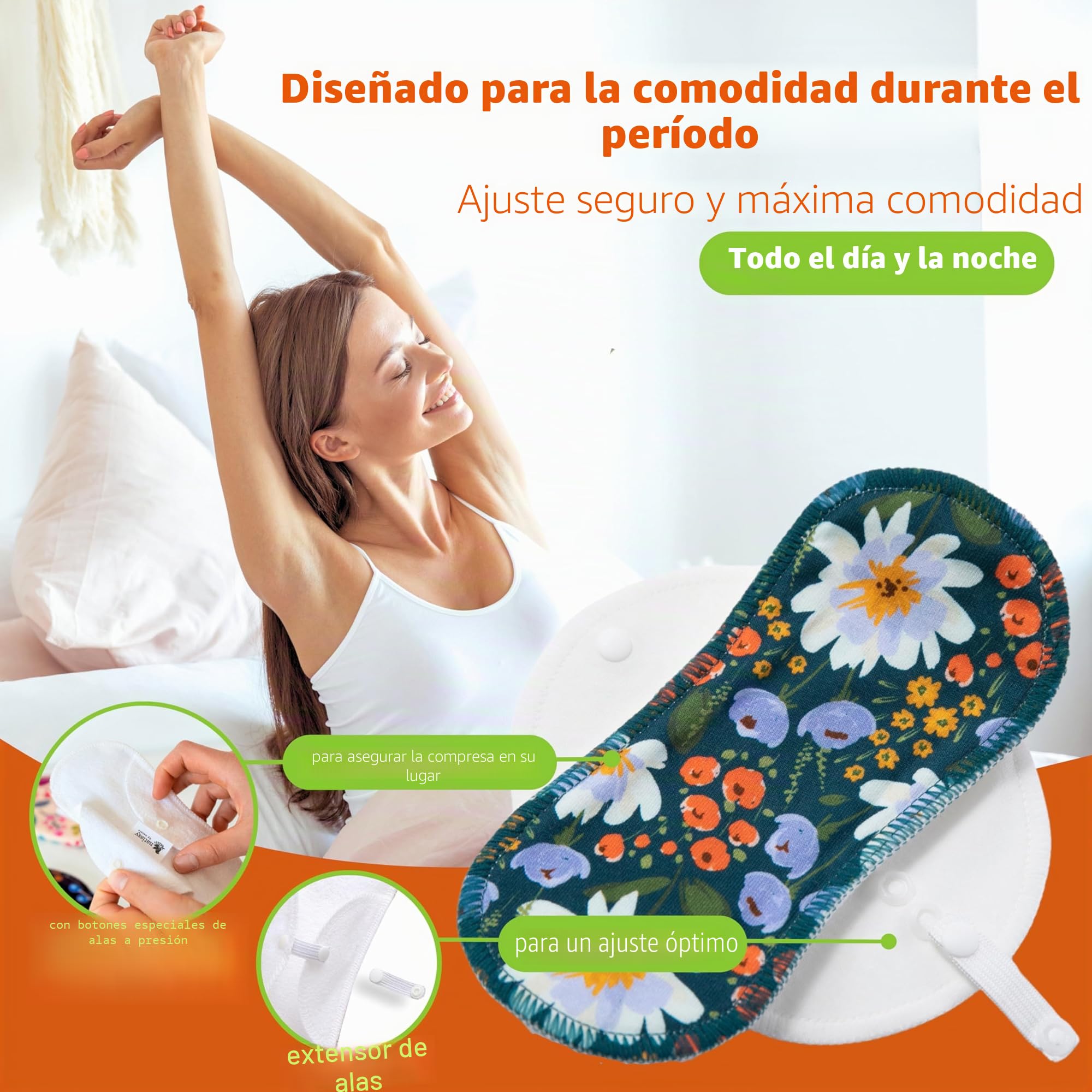 Natissy Compresas Reutilizables de Algodón Orgánico para Mujer y Adolescente, Lavables, Suaves, No Irritantes y Reutilizables - Pack 6 Tallas S+M - Made in EU