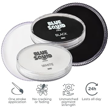 Blue Squid Face Paint Water Based Single Cake Professional Face & Body Paint - Water Activated, Kids Adults Face Painting for Costume, Halloween Makeup, Cosplay - Classic Black & White Face Paint 30g
