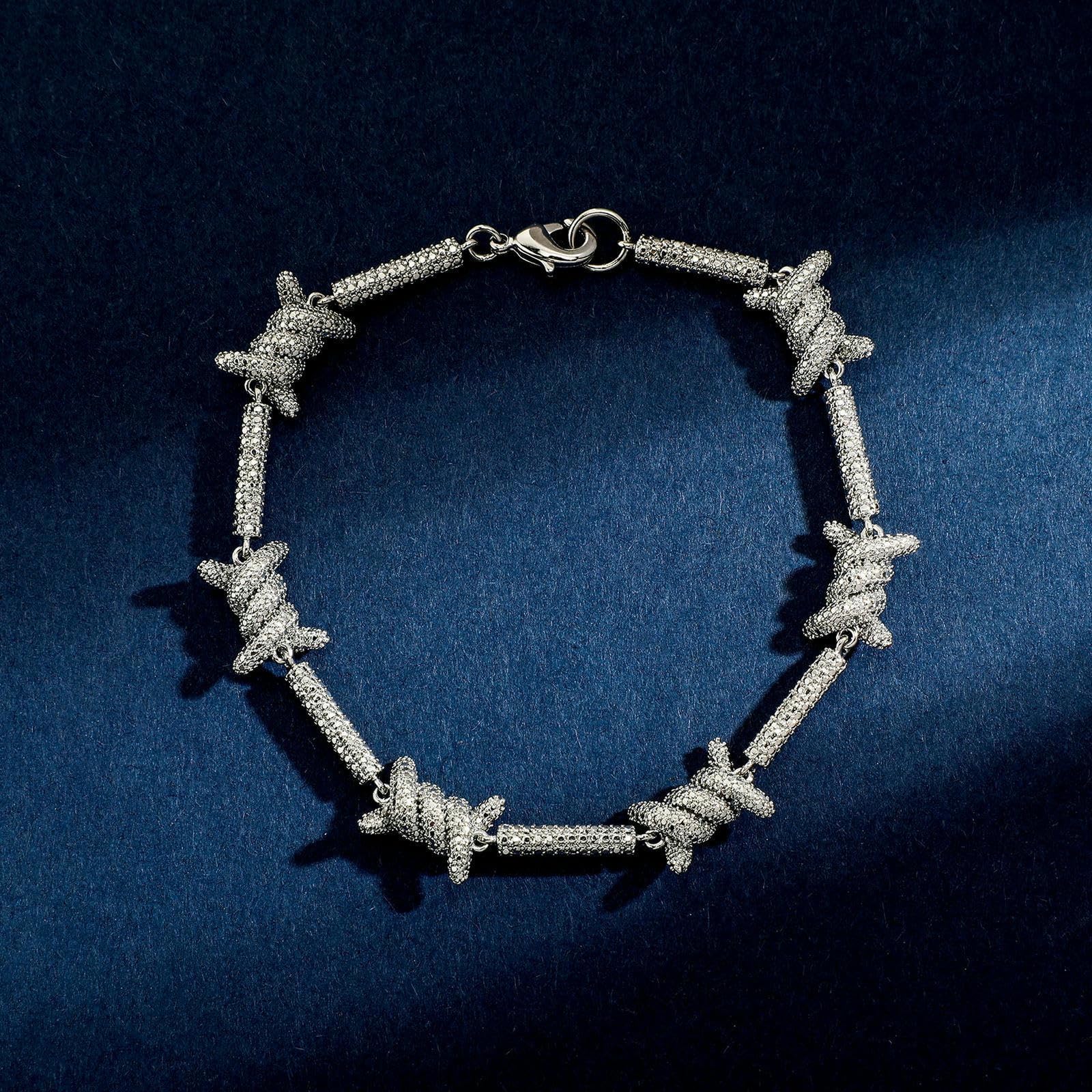 MOCHAMIK Set Unisex di Collana e Bracciale con Catena di Filo spinato Hip Hop – Scegli la Taglia (Collana o Bracciale), Gioielli Streetwear Taglienti con Strass