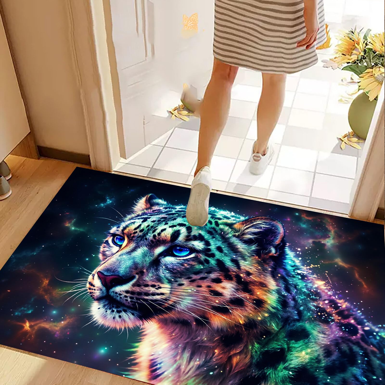 Tapete Azul Hermoso Leopardo De Las Nieves Puerta Felpudo De Entrada Exterior Atrapar Suciedad Alfombra Animales Fantásticos para Interior Jardines Cocina Pasillo Trasera Delantera,80X120Cm