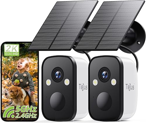 Cámaras de seguridad solar 2K 5G inalámbricas para exteriores, paquete de 2, cámaras inalámbricas para el hogar con visión nocturna a todo color, 2