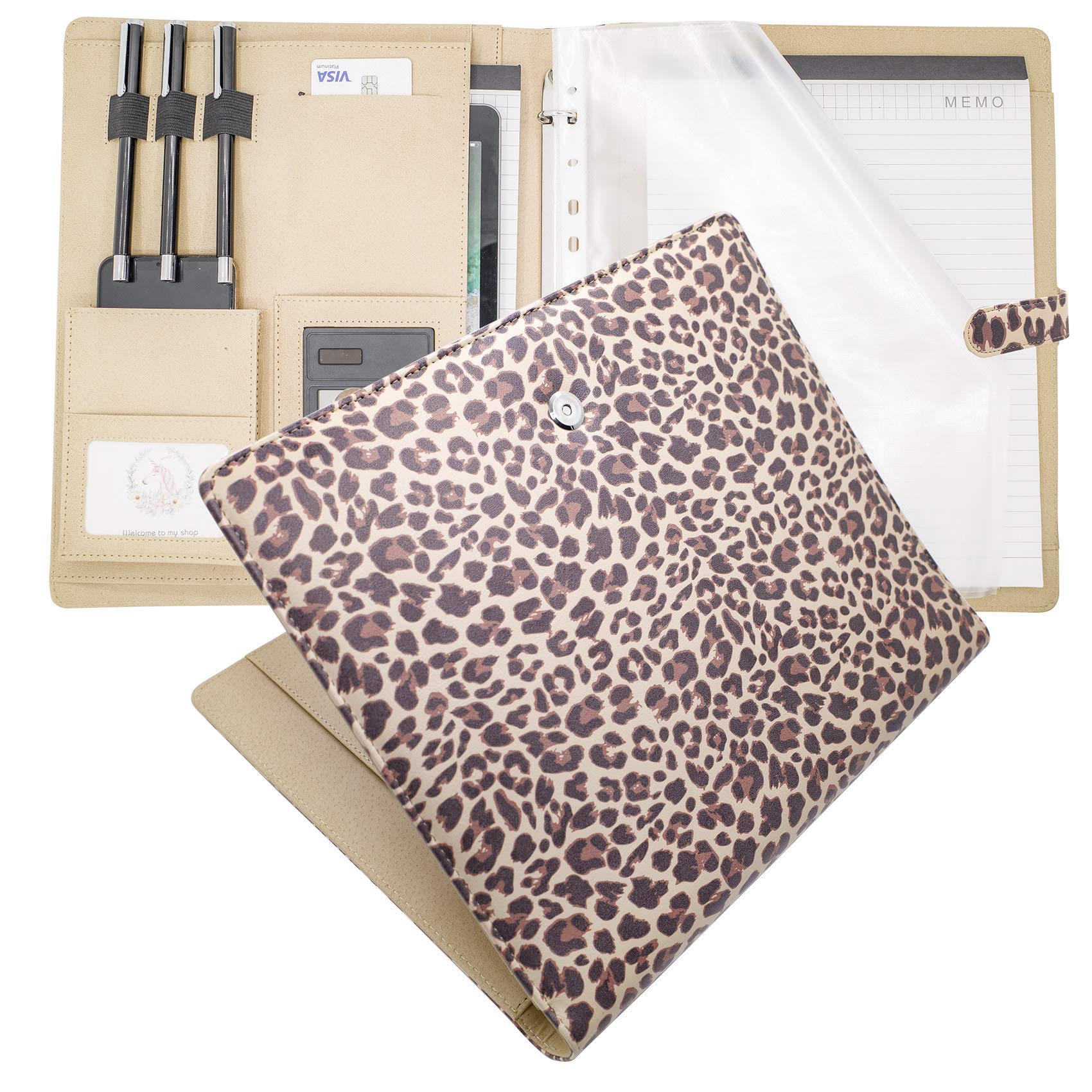 LOSOPHY Padfolio Ring Binders Portfolio Clipboard Folder,PU Leather Folder Resume Folder Legal Pad Folder Clipboard with Storage Portfolio Organizer for Women and Mens Job Interviews. (Leopard)