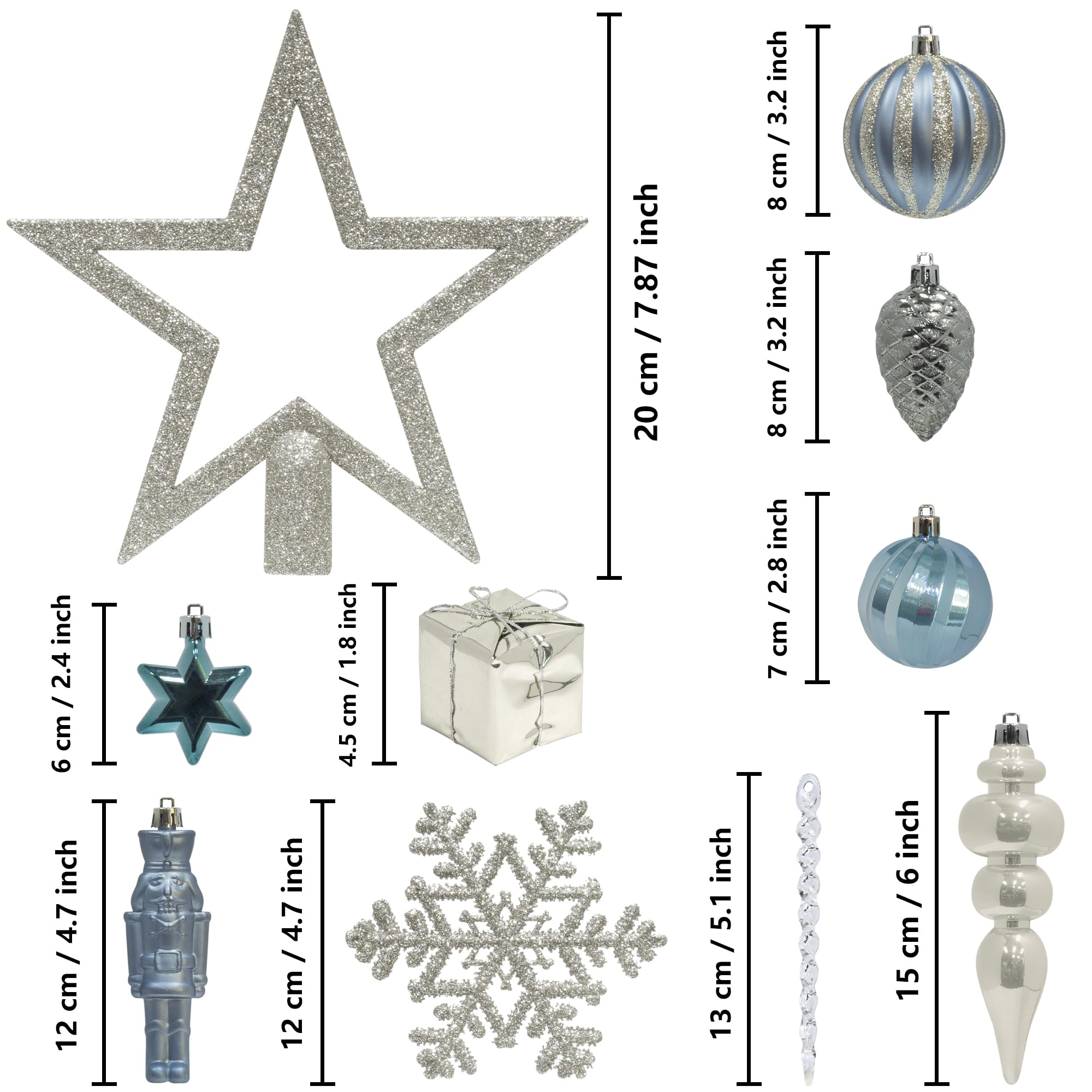 ITART 115pcs Christmas Tree Ornaments Assortment Dusty Blue Cream Gold Including Star Tree Topper Balls Large Snowflakes Pine Cone Gift Nutcracker Figurines Bead Garland for Christmas Tree Decor