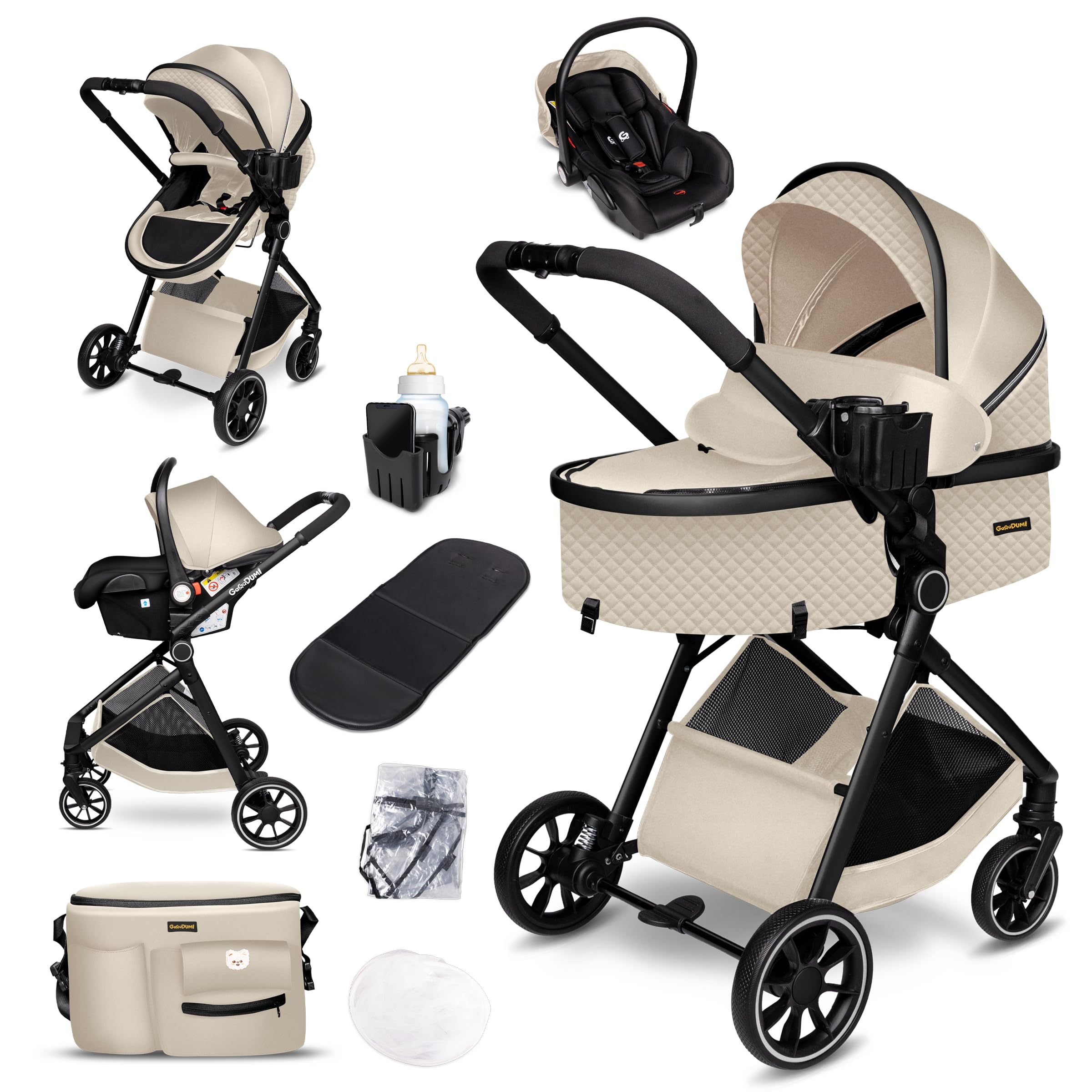 GaGaDumi SoHo poussette combinée 3-en-1 avec siège auto i-Size, certifiée TÜV, nacelle, poussette, ultra légère (env. 7 kg), habillage pluie, moustiquaire, sac à langer, panier et porte-gobelet