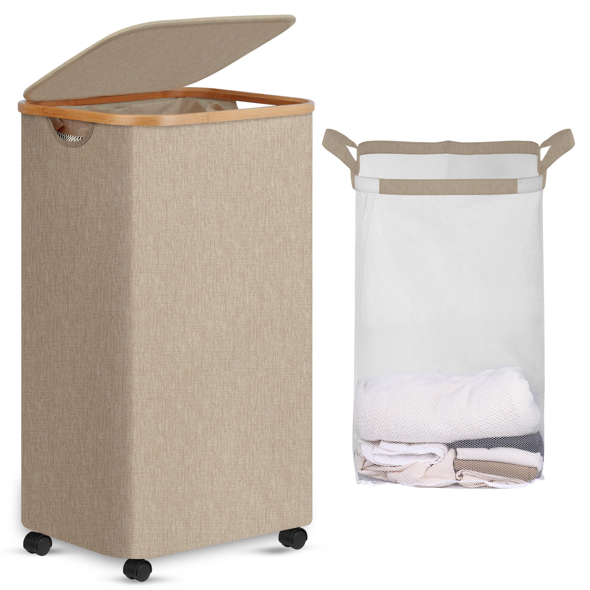 efluky Laundry Basket with Wheels, Tall Rolling Laundry Hamper with Lid and Removable Bag, Aesthetic Dirty Clothes Hamper on Wheels for Laundry Room, Bedroom, Dorm and Bathroom, 100L Oatmeal