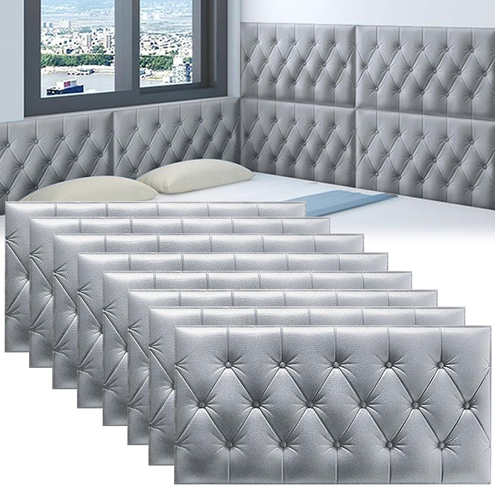 DHIJUPNG 3D Anti Collision Wall Padding for Bedroom, Peel and Stick Headboard Wall Cushion Upholstered Self-Adhesive Wall Panels Playroom Decorative Protection Panel(Light gray,8 Pack)