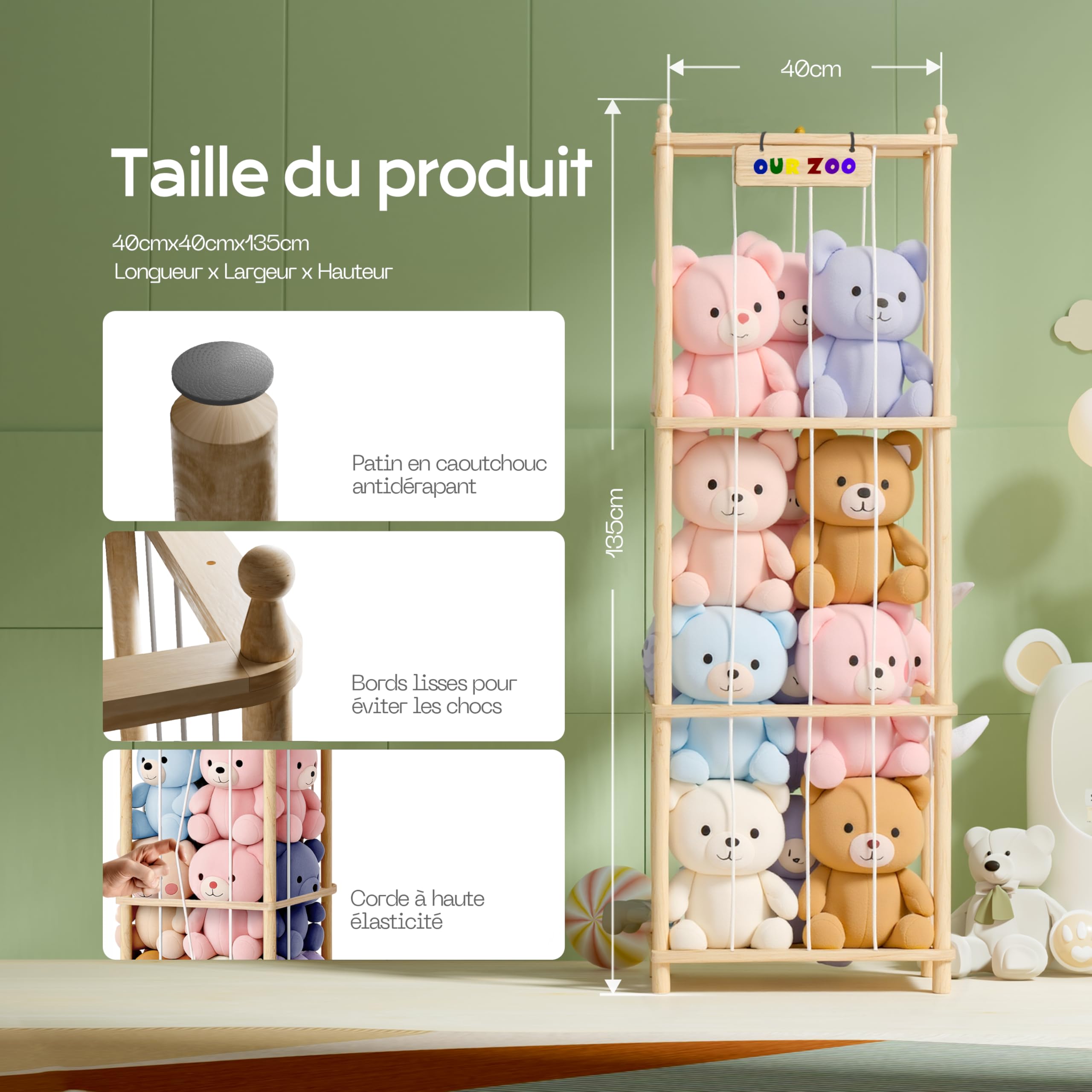 Rangement Peluche de Enfant, Range Peluche en Bois Gain de Place, 135 * 40 * 40CM Rangement Jouet Enfant pour Salle de Jeux, Chambre d'enfant, Chambre à Coucher, Salon