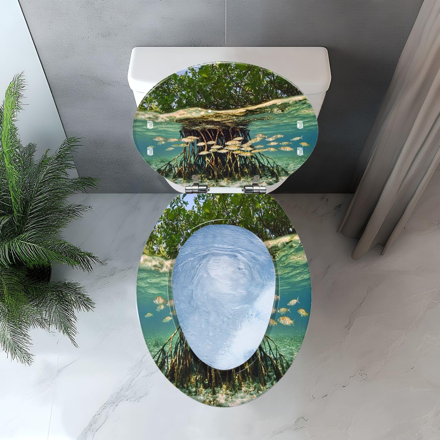 Asiento de inodoro alargado de resina con tapa para baño.