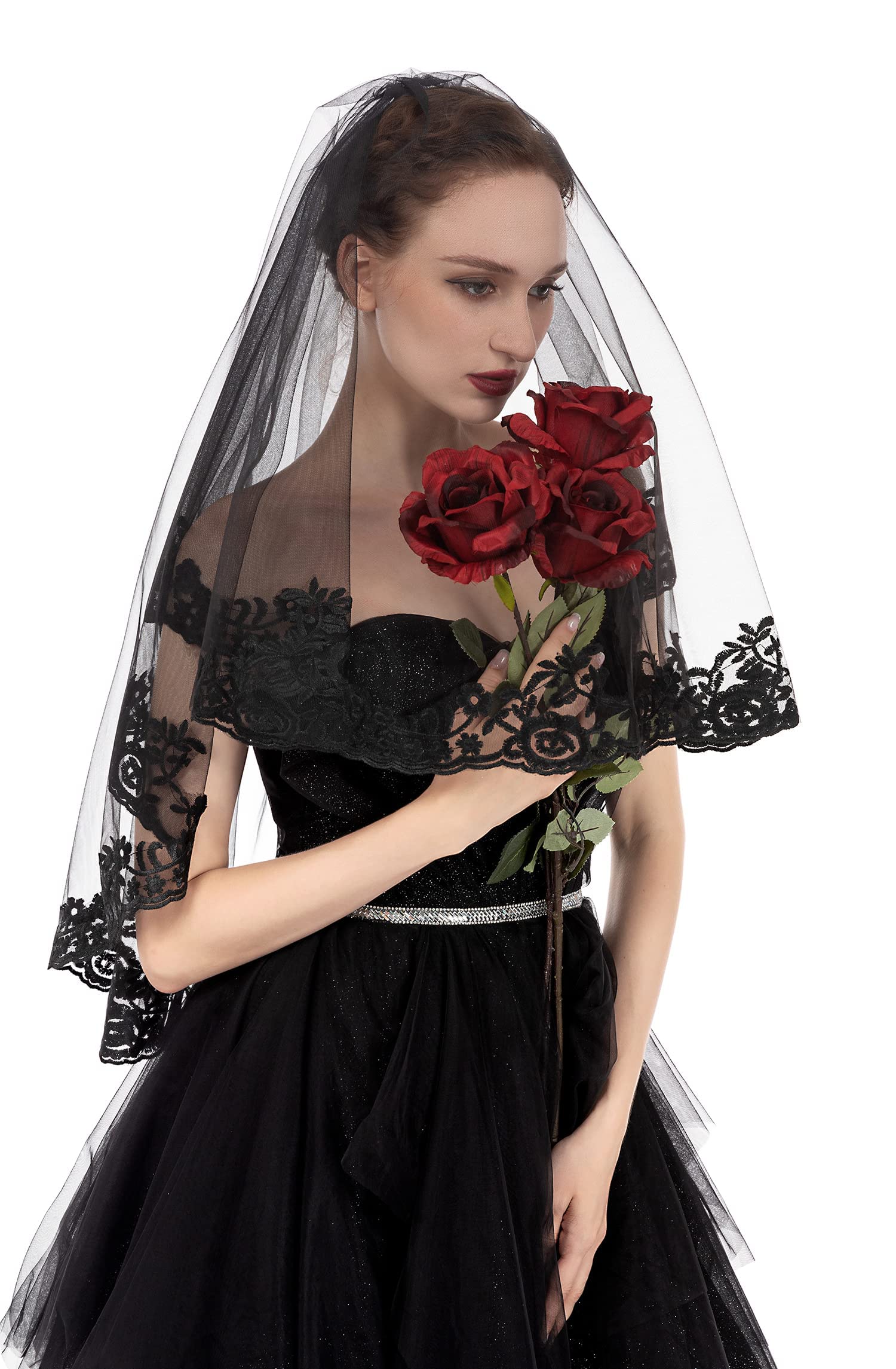 TERRIFI Black Veil Brides Wedding Veils Lace Short Bridal Veil Fingertip Women’s Veil Festival Veil 2 Tier Tulle Veil with Comb