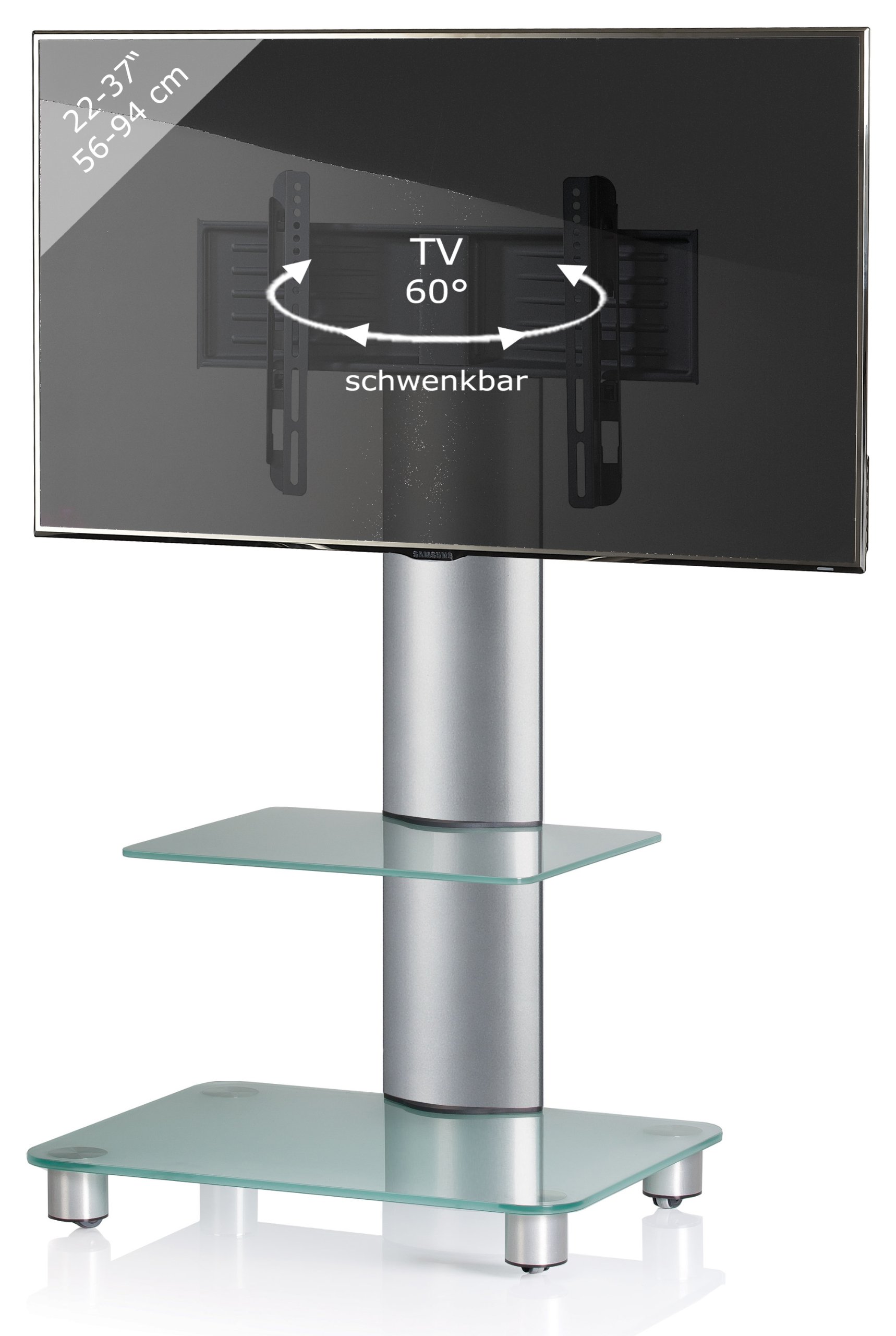VCM Bilano Silber - Soporte Vertical de TV, con estantes, Ruedas Incluidas, Cristal Opaco