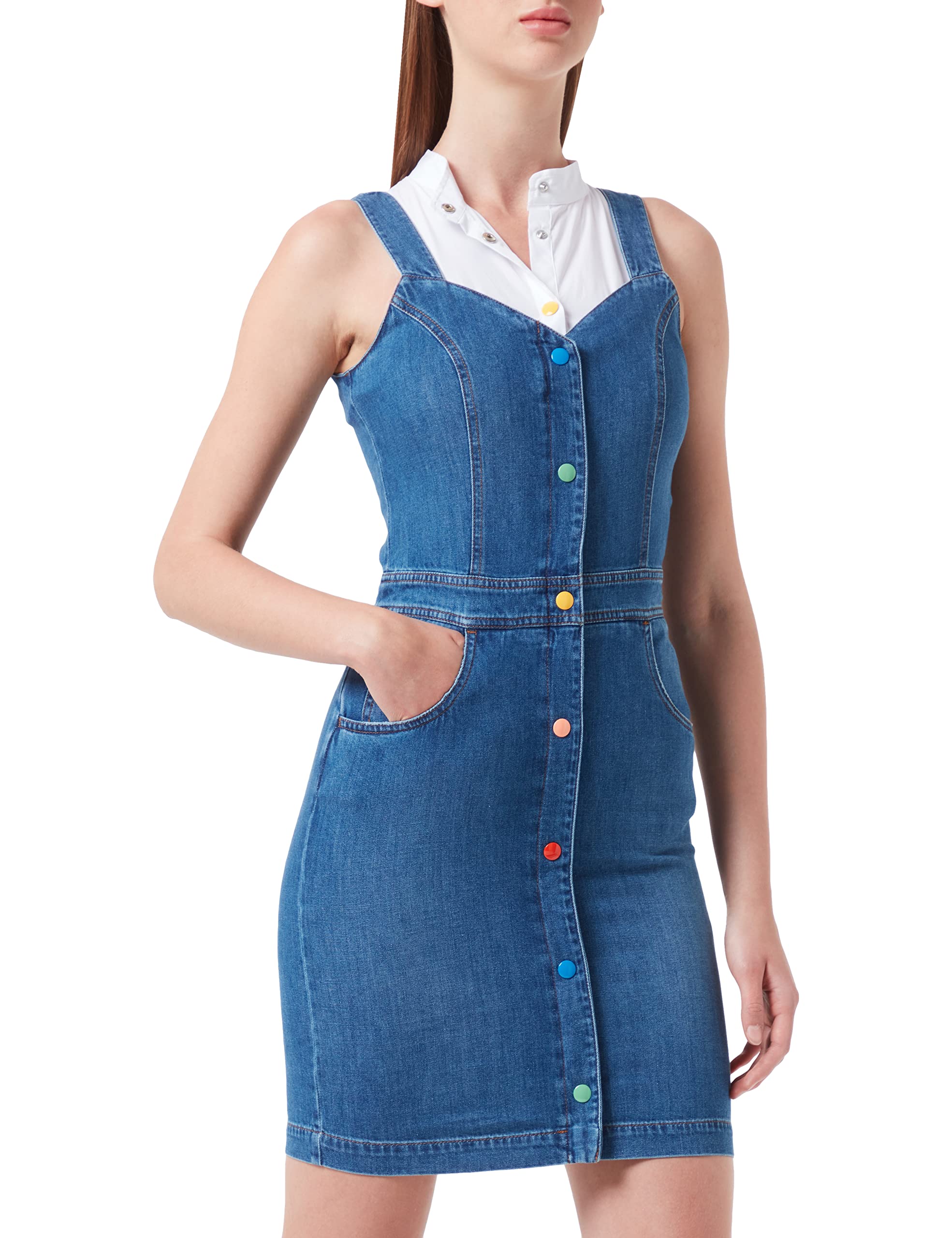 Love Moschino Damen Dress Denim with Multicolor Snap Buttons Kleid, Medium Blue Demin, 40 EU