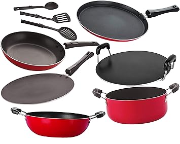 NIRLON Non-Stick Coated Gas Compatible Wooden Spoon Friendly Kitchenware Cookware Set-9 Pieces [26_FT12_CT_KD12_RT_Cass20_TP24_3SPN]