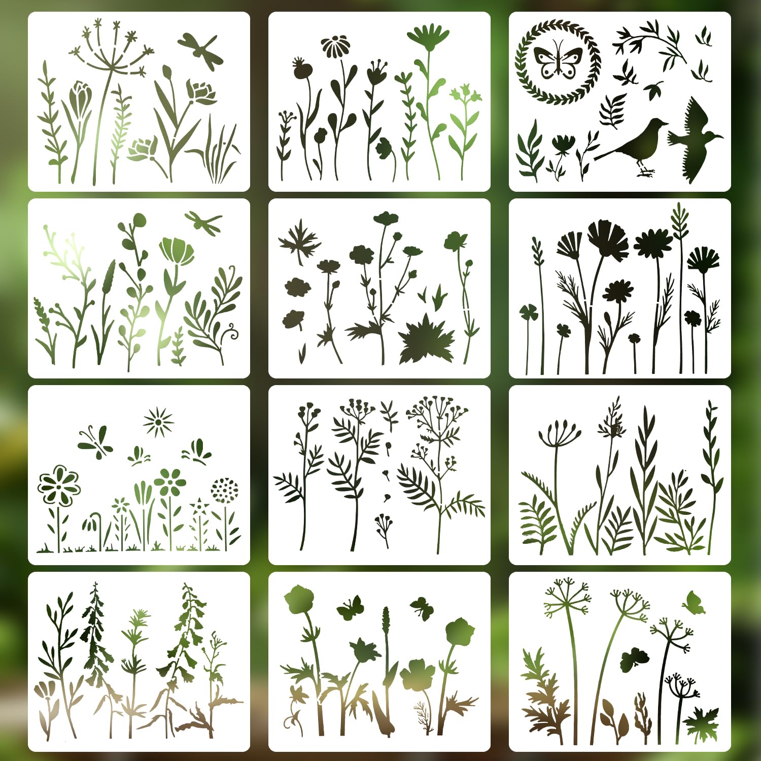 REEKNOKOL stencil 12 Pcs Reusable Flower Leaves for Painting Natural Plants Openwork Drawing Stencil for DIY Art Crafts Scrapbook Wall Décor