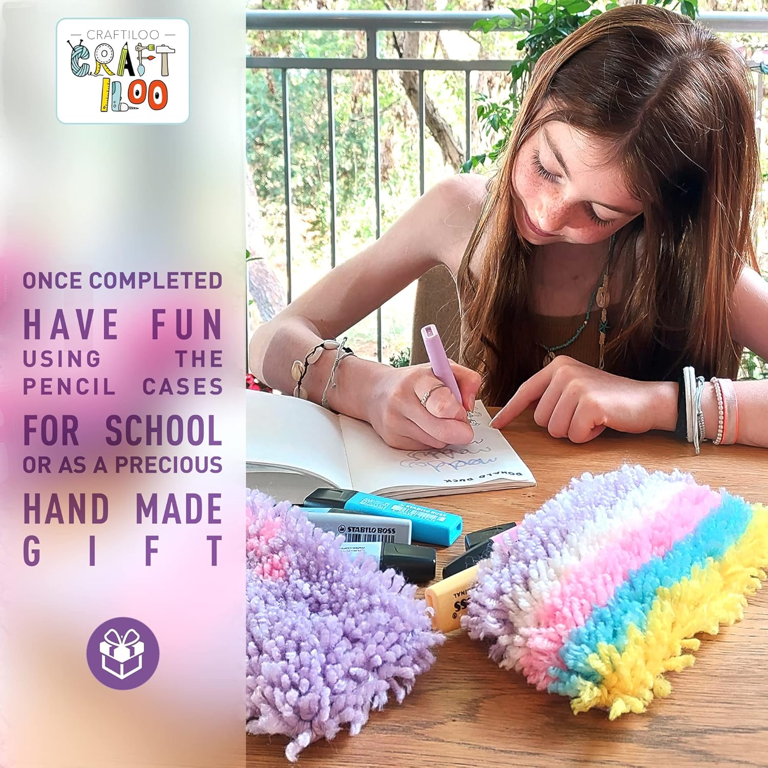 CRAFTILOO DIY 2 Rug Pencil Cases Latch Hook Kits for Kids Sewing Set for Girls Beginners Latchkits Ages 8-12