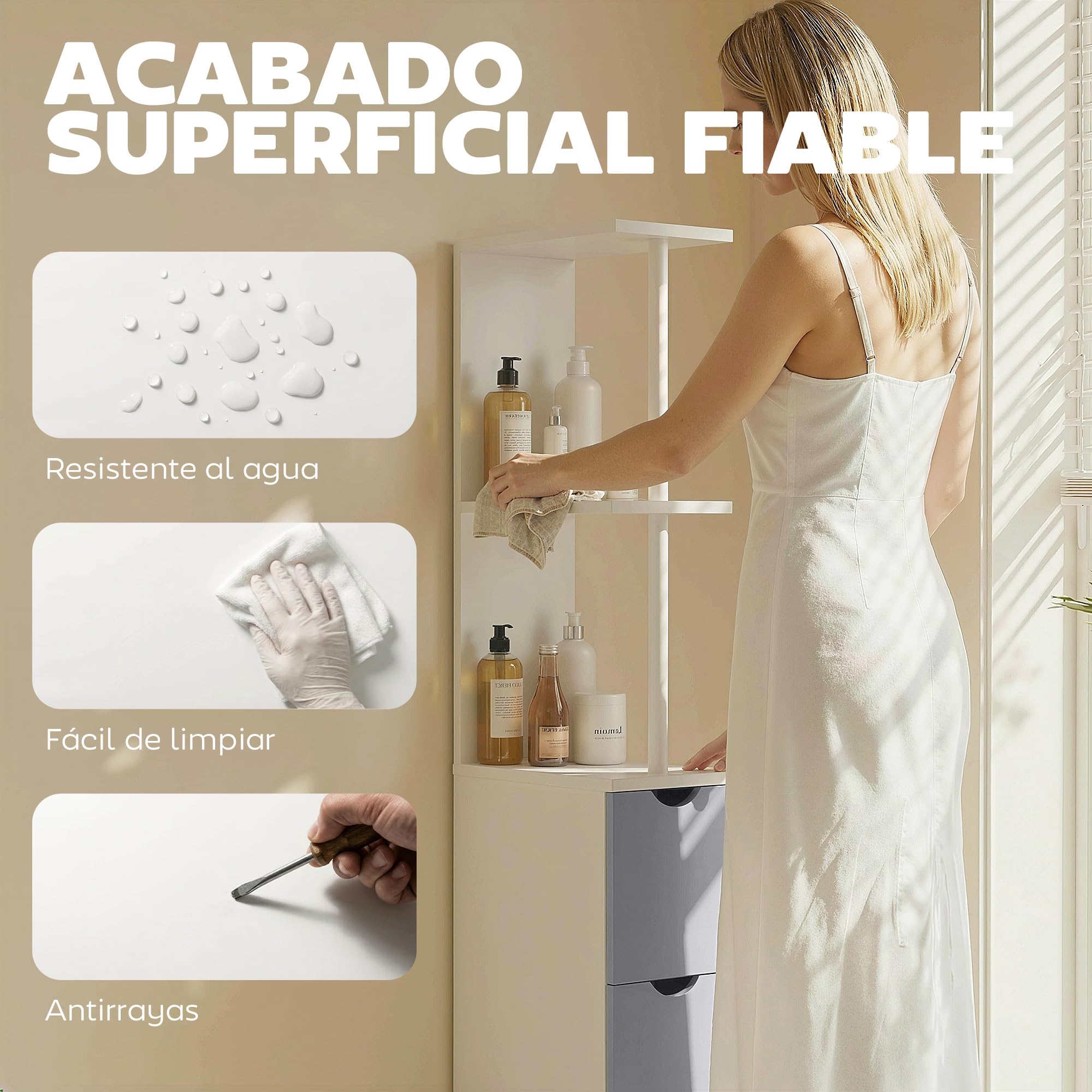 HOMCOM Columna Auxiliar de Baño Estrecha Moderna 15x33x136,8 cm Blanco | Armario Alto de Baño, Mueble Auxiliar, 2 Estantes, 2 Cajones, 1 Puerta, Antivuelco