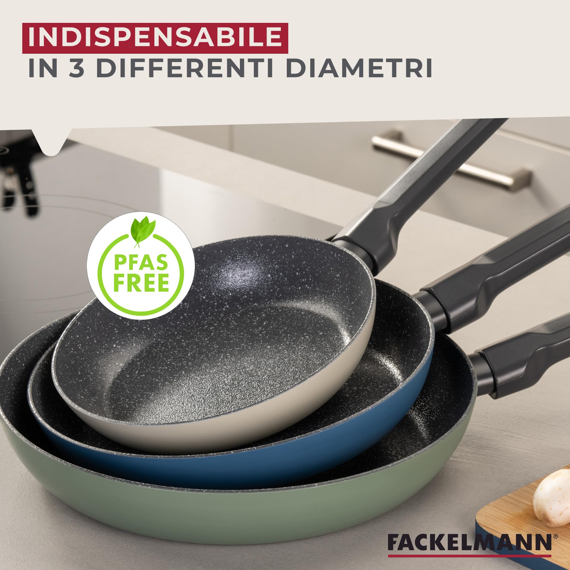 Fackelmann Set Padelle, Wok Ø30 in Alluminio Riciclato, 3 Padelle Antiaderenti Effetto Pietra 20/24/28 cm, 2 Coperchi Universali in Vetro, bordo silicone, Adatte Induzione, Senza PFAS, Linea Balance
