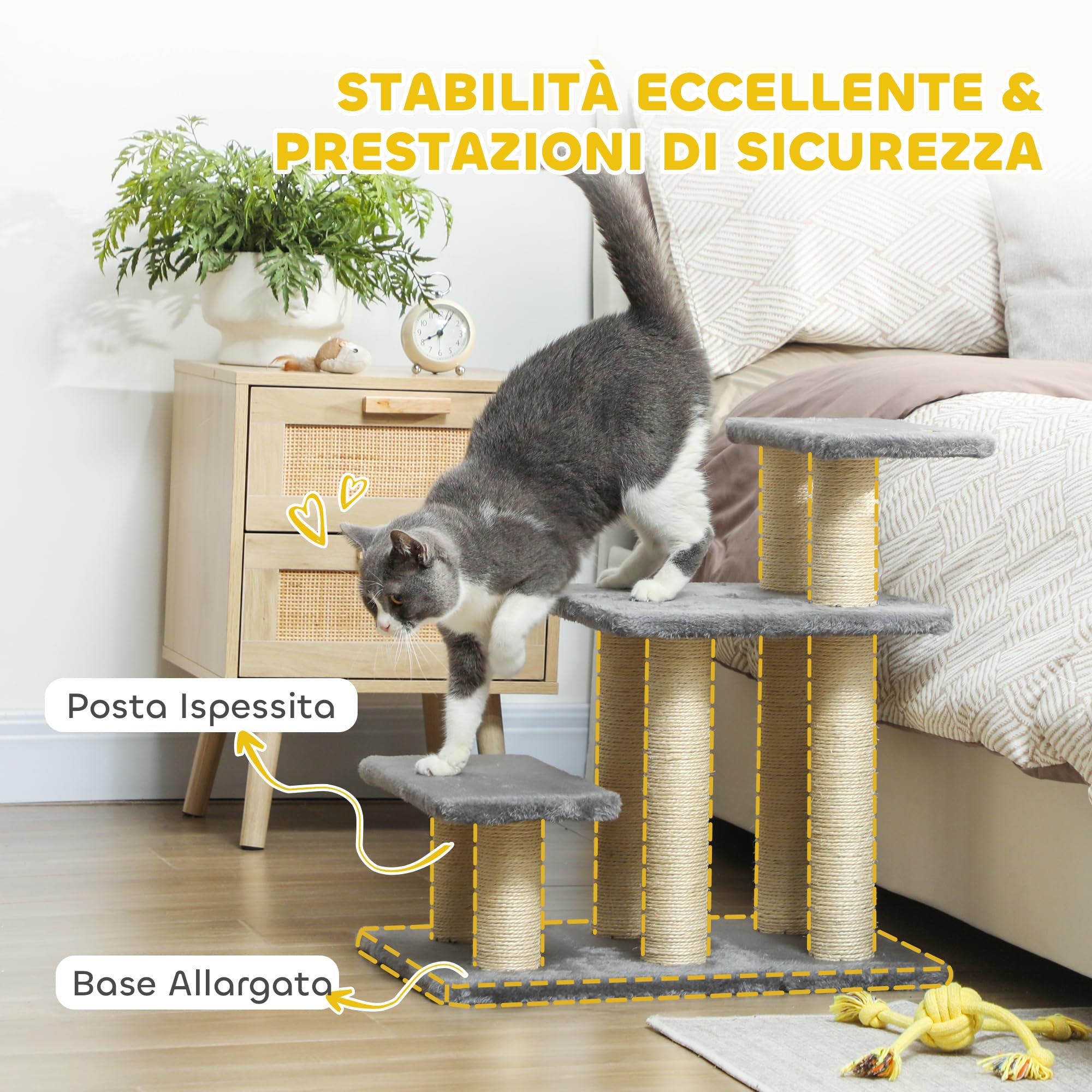 PawHut Scaletta per Cani e Gatti con 3 Scalini in Peluche e Pali Tiragraffi in Sisal, Scala per Cani Piccoli 10 kg o Gatti 5kg, per Letti Alti e Divani, Grigio