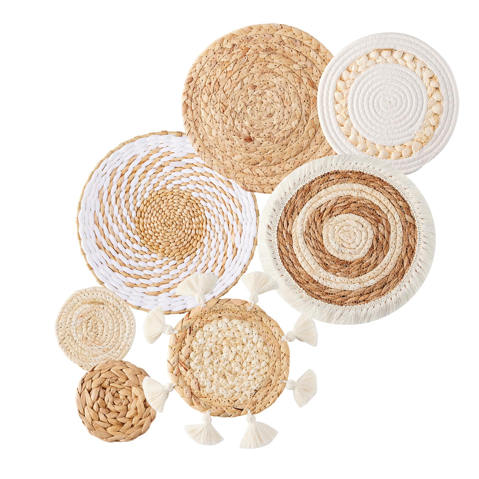 Boho Wall Basket Decor - Seagrass Rattan Wicker Wall Decor Round Handmade Hanging Rustic Flat Elegant Wall Art for Farmhouse Living Rooms Bedrooms Display Table Settings Kitchen Home