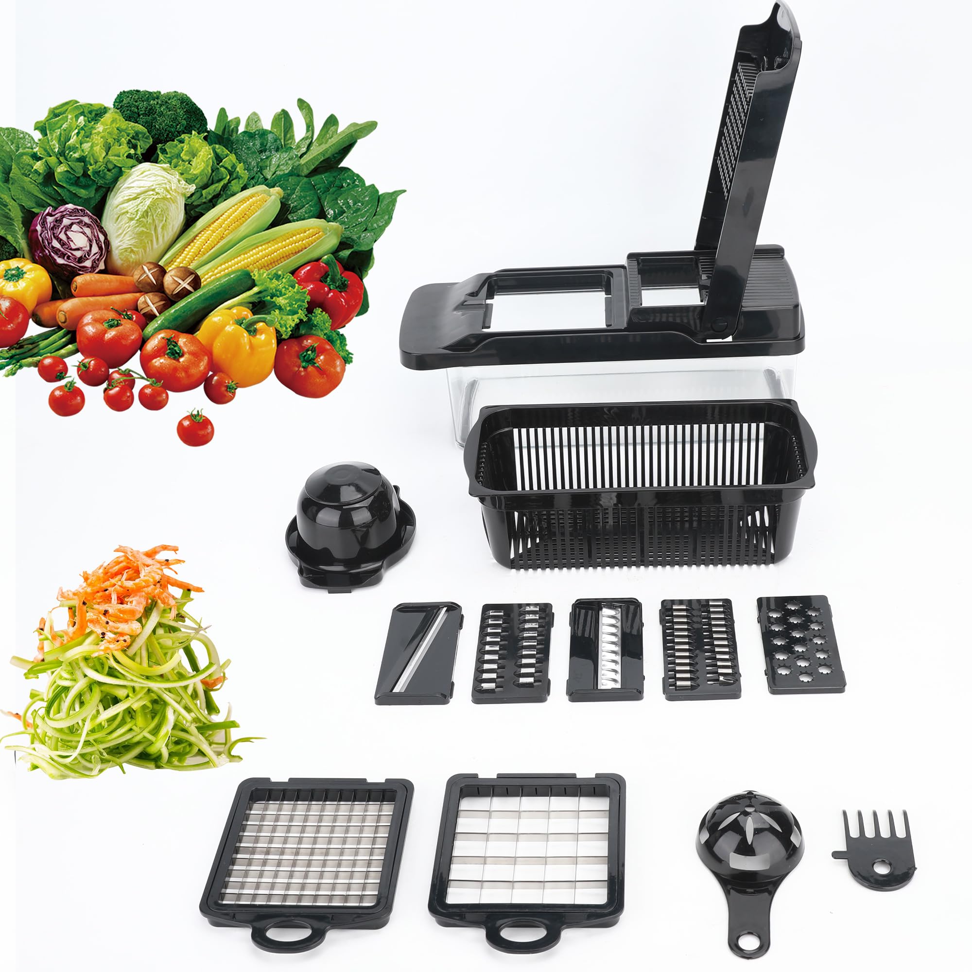Picador de verduras 14 en 1 con cuchillas de acero inoxidable – Picador multifuncional de cebolla, cortador de mandolina, cortador de alimentos, juego de cortador de cocina y electrodomésticos y 5