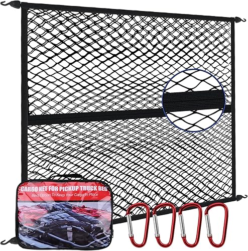 Red de carga de 4 x 6 pies para cama de camioneta que se estira hasta 8 x 12 pies, red elástica cuadrada de látex de malla con 12 mosquetones de